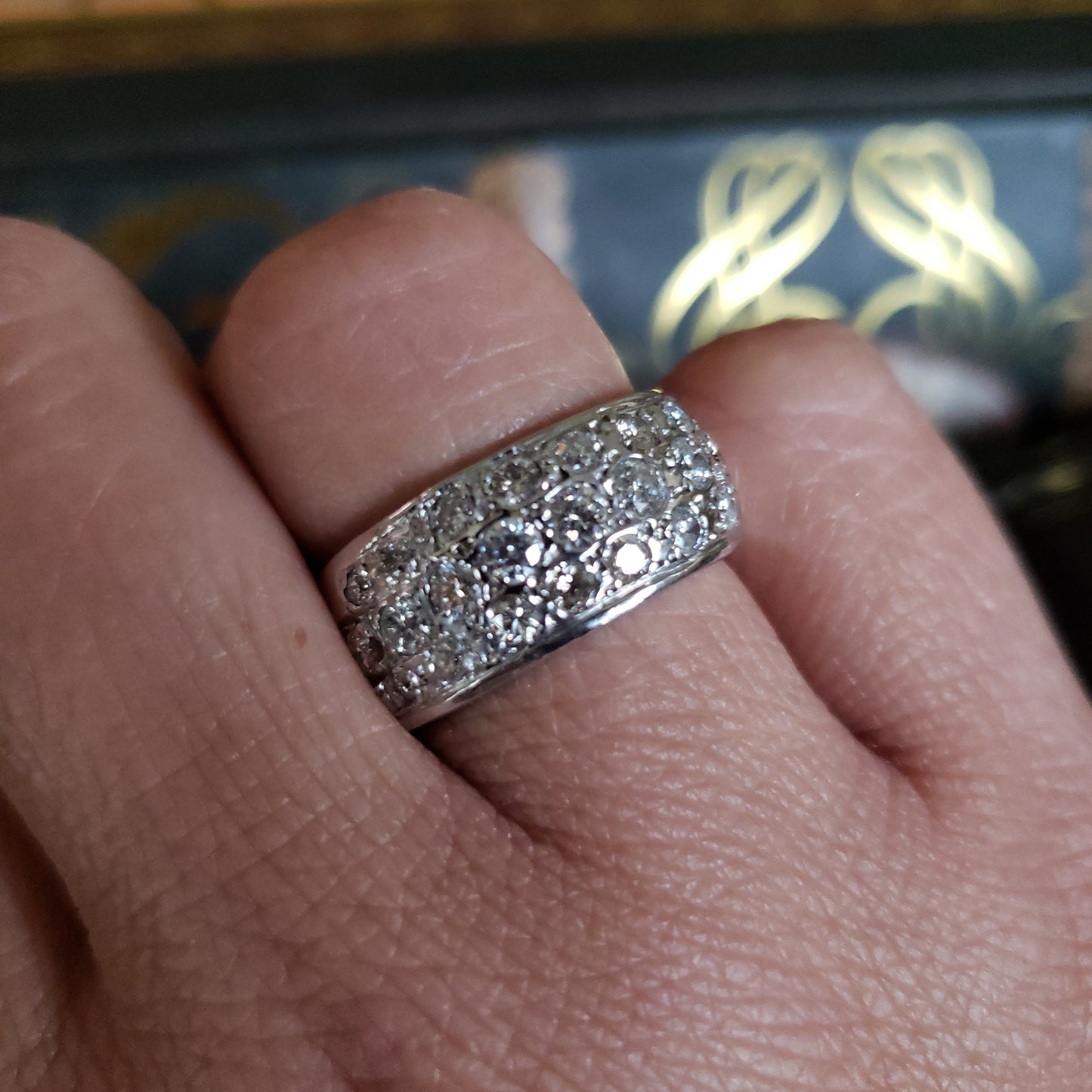 Three Row Diamond Band Ring, Wide Band, 14K White Gold, Size 7.25 US