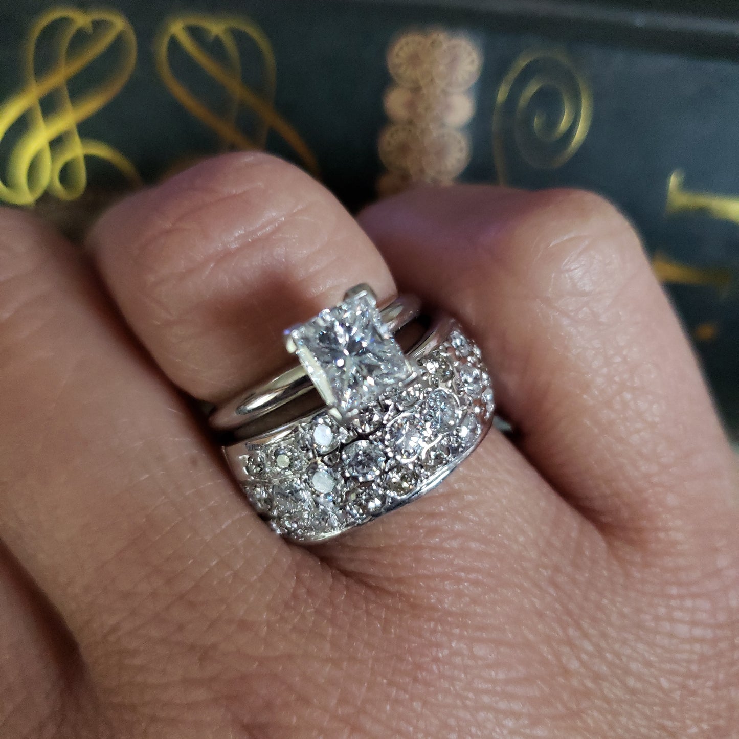 Three Row Diamond Band Ring, Wide Band, 14K White Gold, Size 7.25 US
