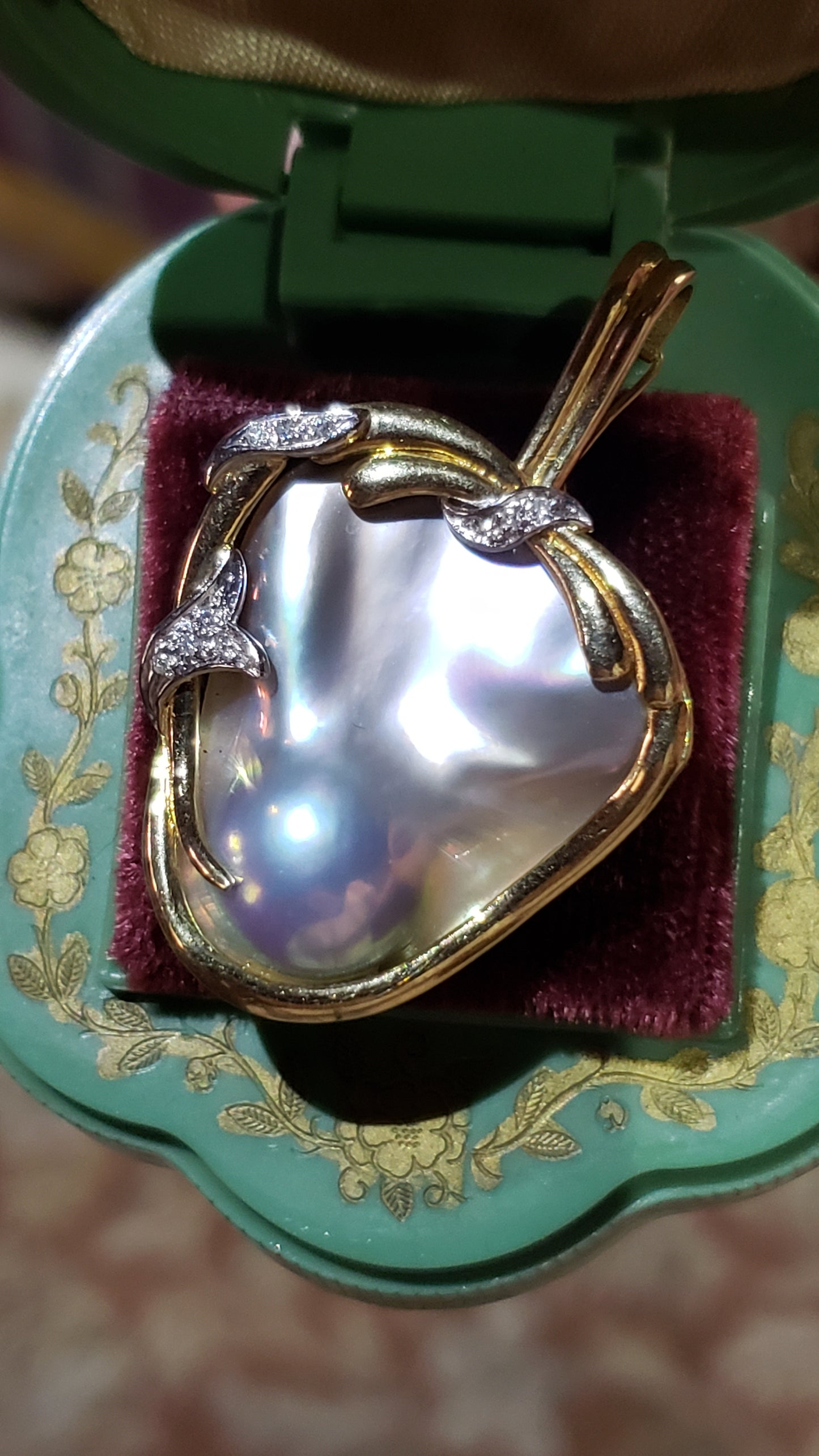 Mabe Blister Pearl and Diamond Pendant/ Enhancer, 14K Yellow and White Gold with Double Safety Clasp