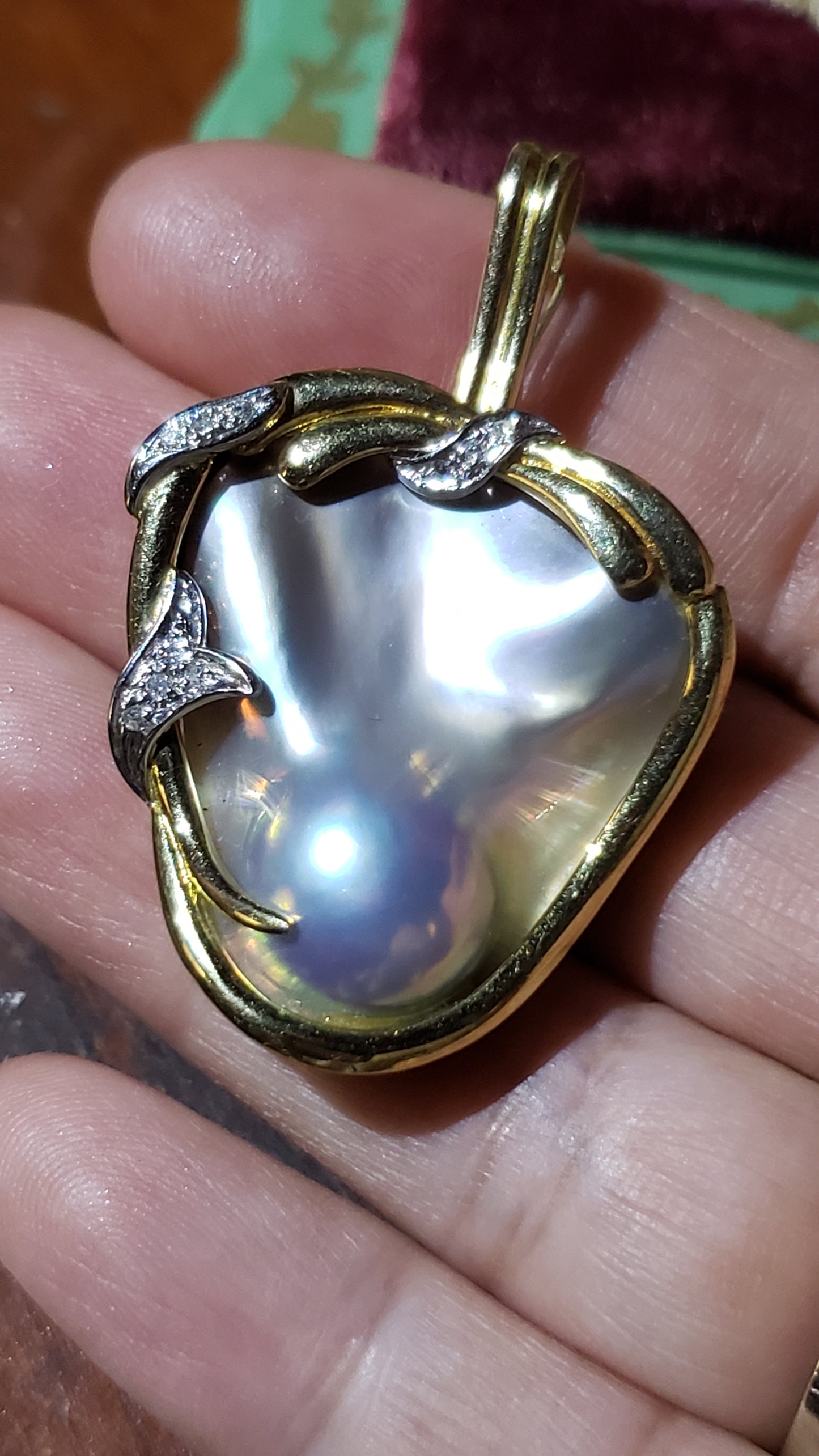 Mabe Blister Pearl and Diamond Pendant/ Enhancer, 14K Yellow and White Gold with Double Safety Clasp