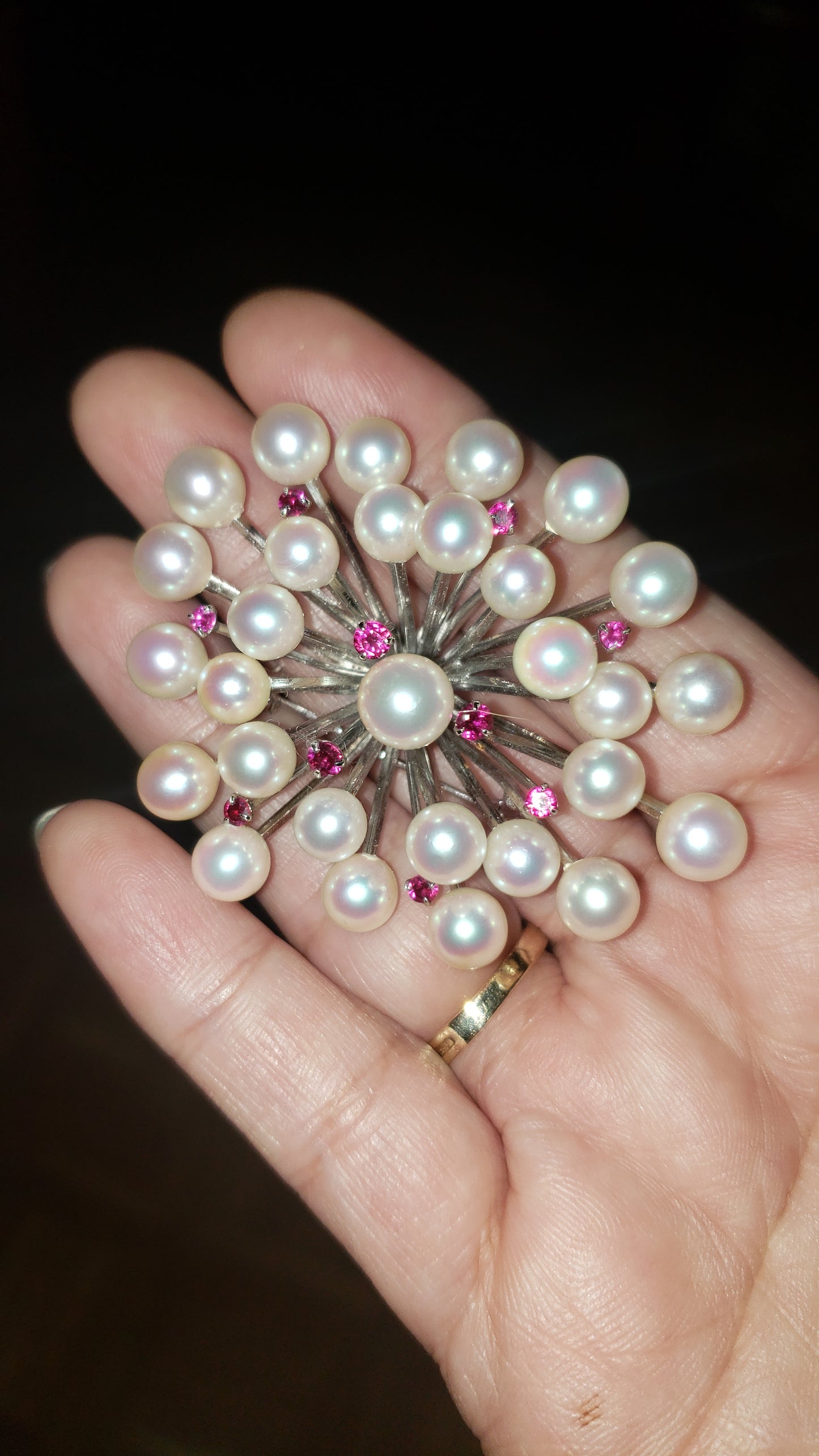 Vintage Pearl Brooch with Ruby Accents