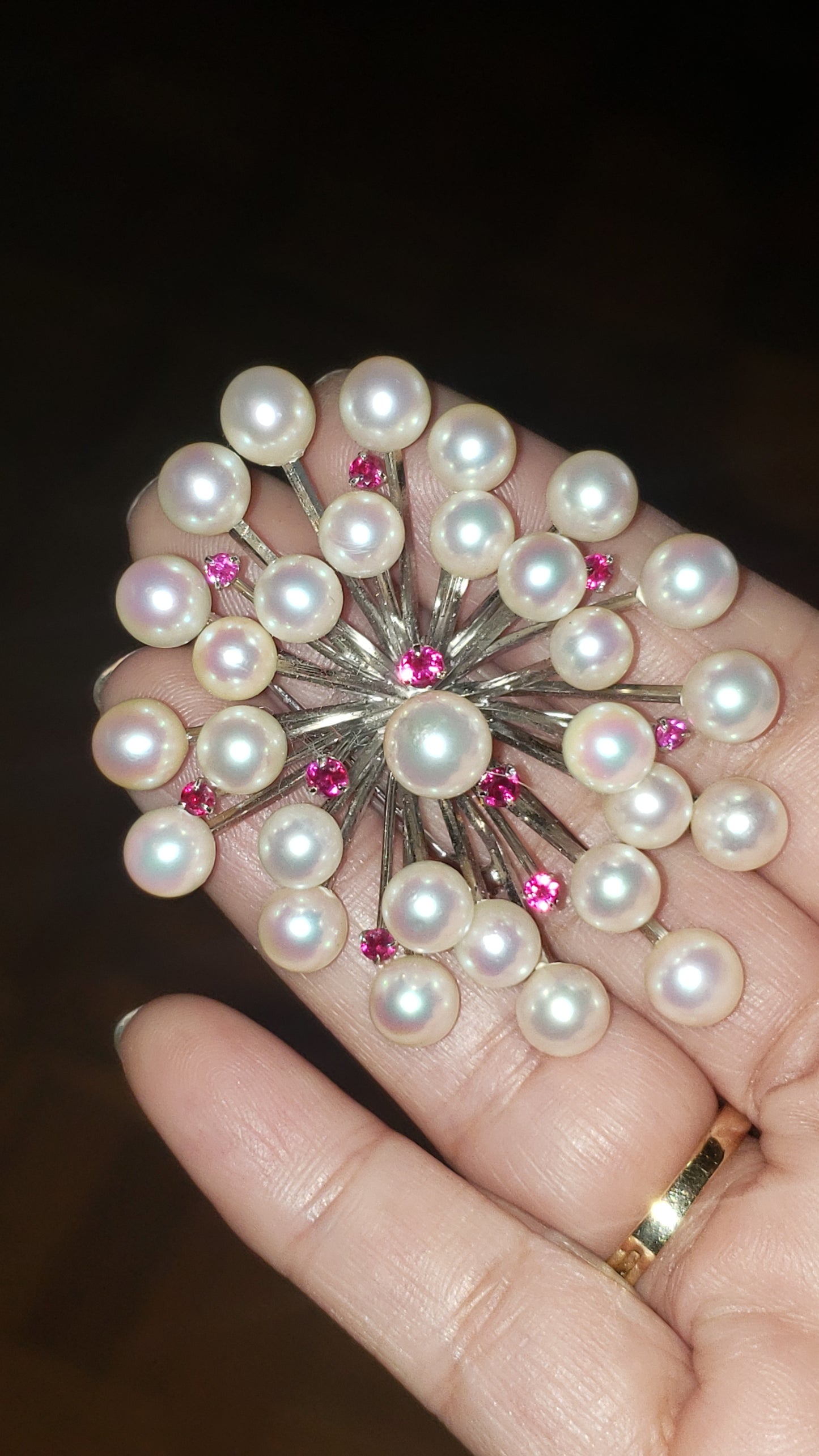 Vintage Pearl Brooch with Ruby Accents