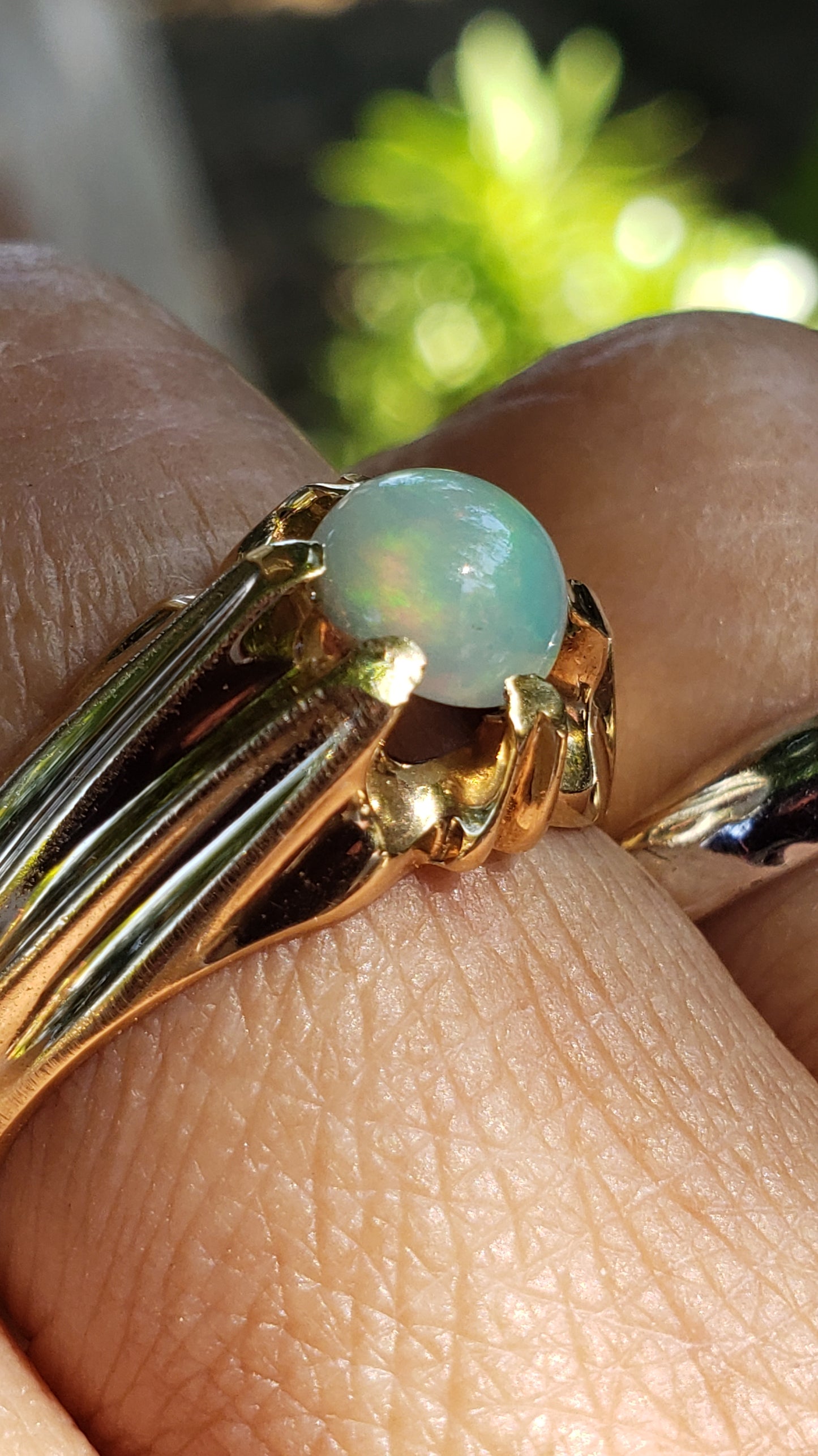 Vintage Opal Ring, Belcher Setting, 14K Yellow Gold size 8.5-9.0 US