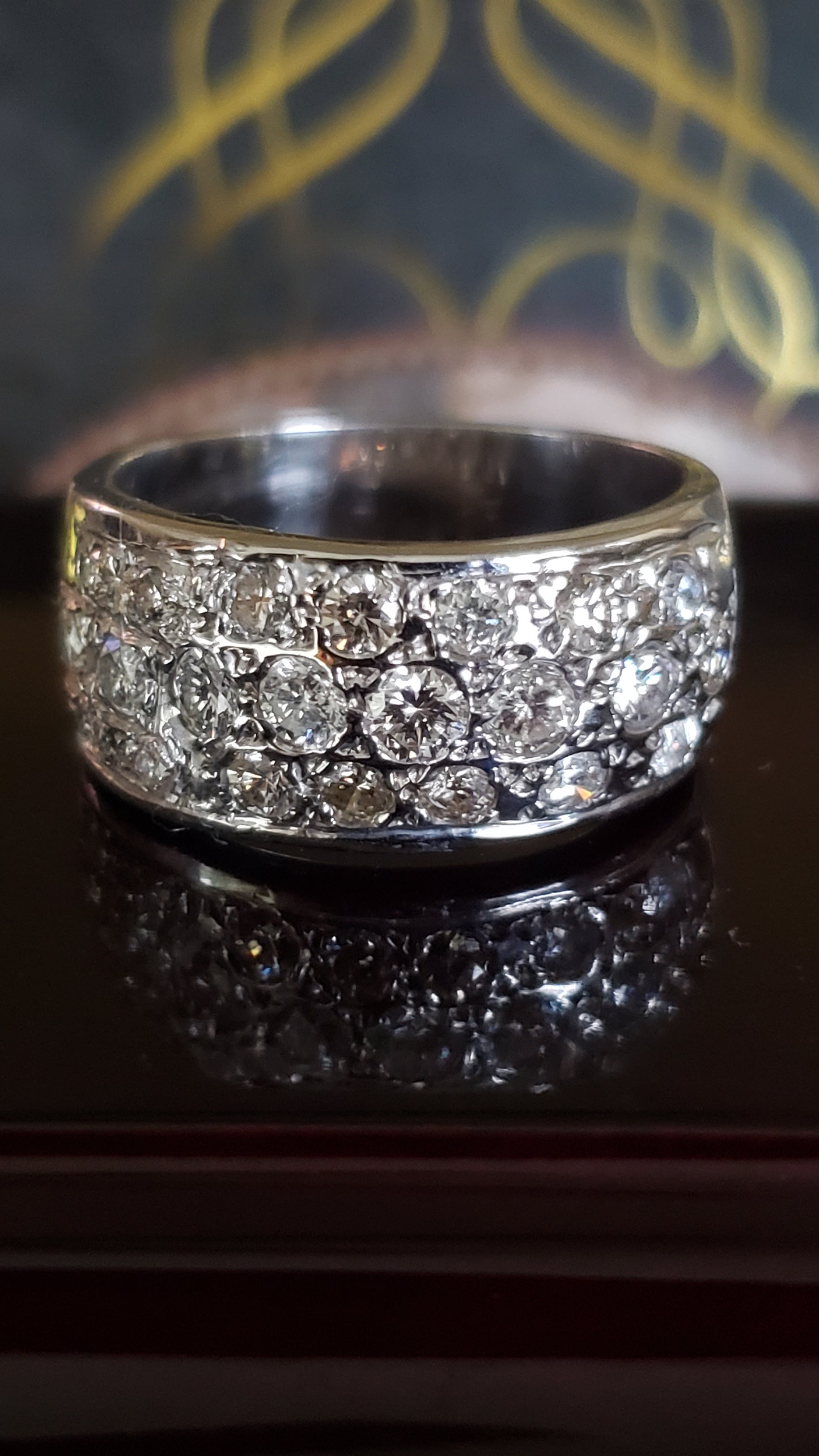 Three Row Diamond Band Ring, Wide Band, 14K White Gold, Size 7.25 US