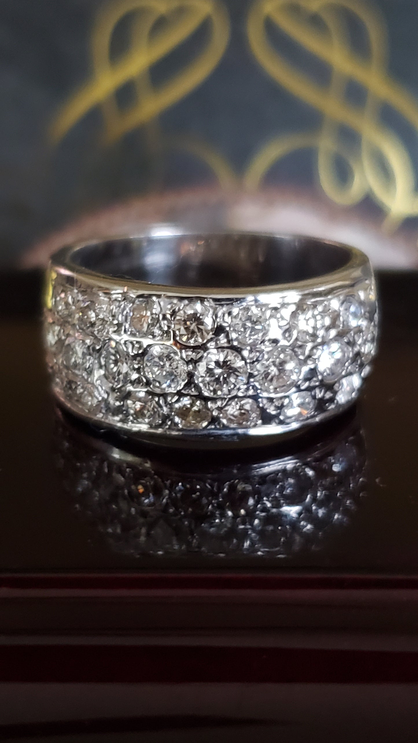 Three Row Diamond Band Ring, Wide Band, 14K White Gold, Size 7.25 US