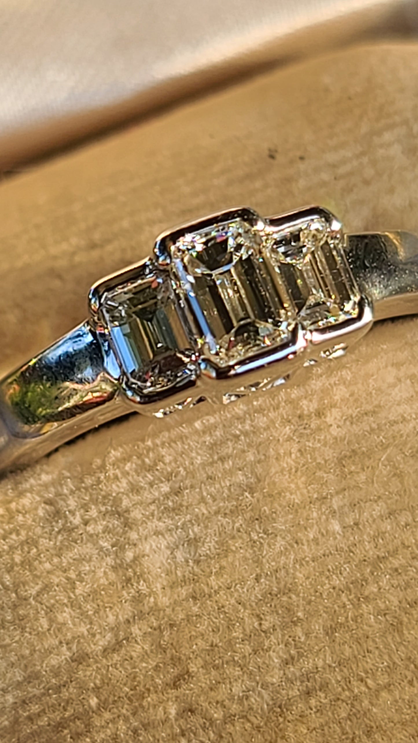 Emerald Cut Diamond Ring, Three Stone Diamond Trilogy Ring, 14K White Gold, size 8.5