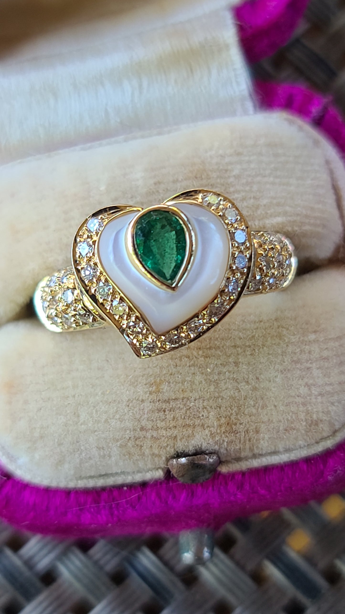 14K Yellow Gold Emerald and Mother of Pearl Ring with Pave Diamonds, size 6