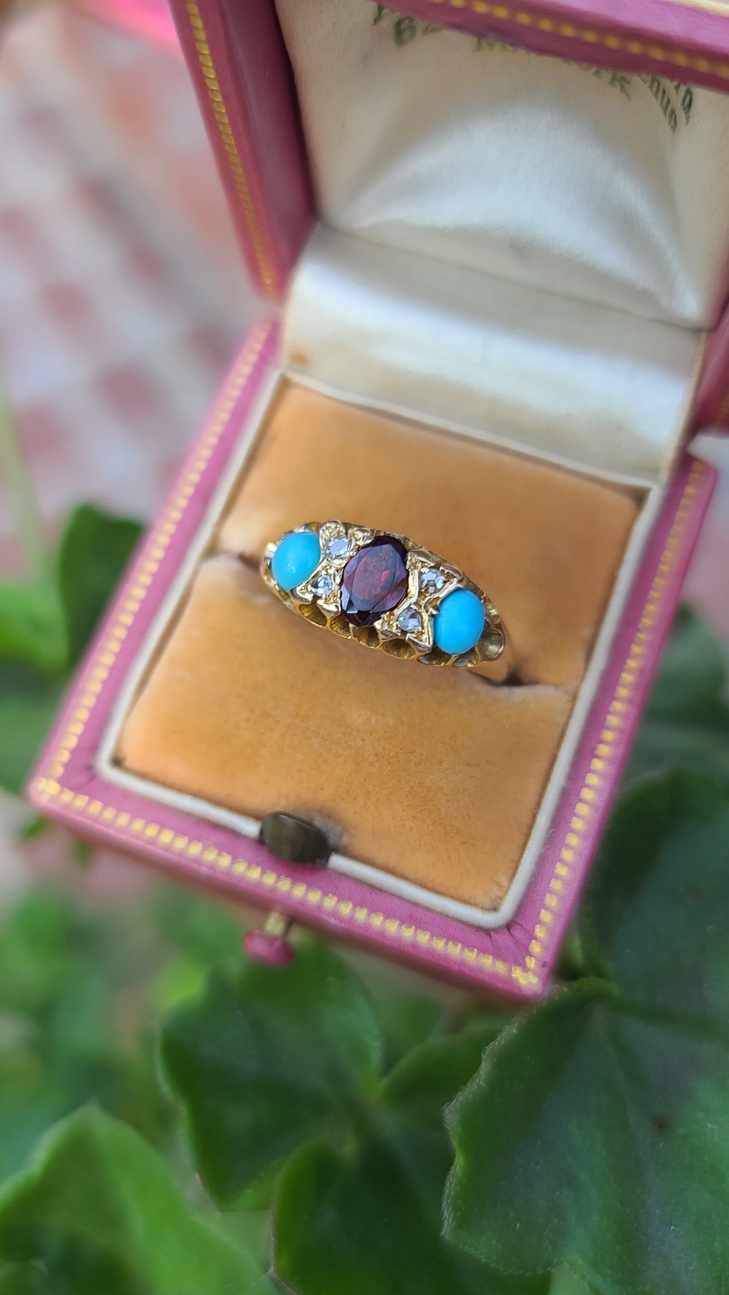 Antique Garnet and Turquoise Ring with Diamonds, 14K Yellow Gold, size 5.5