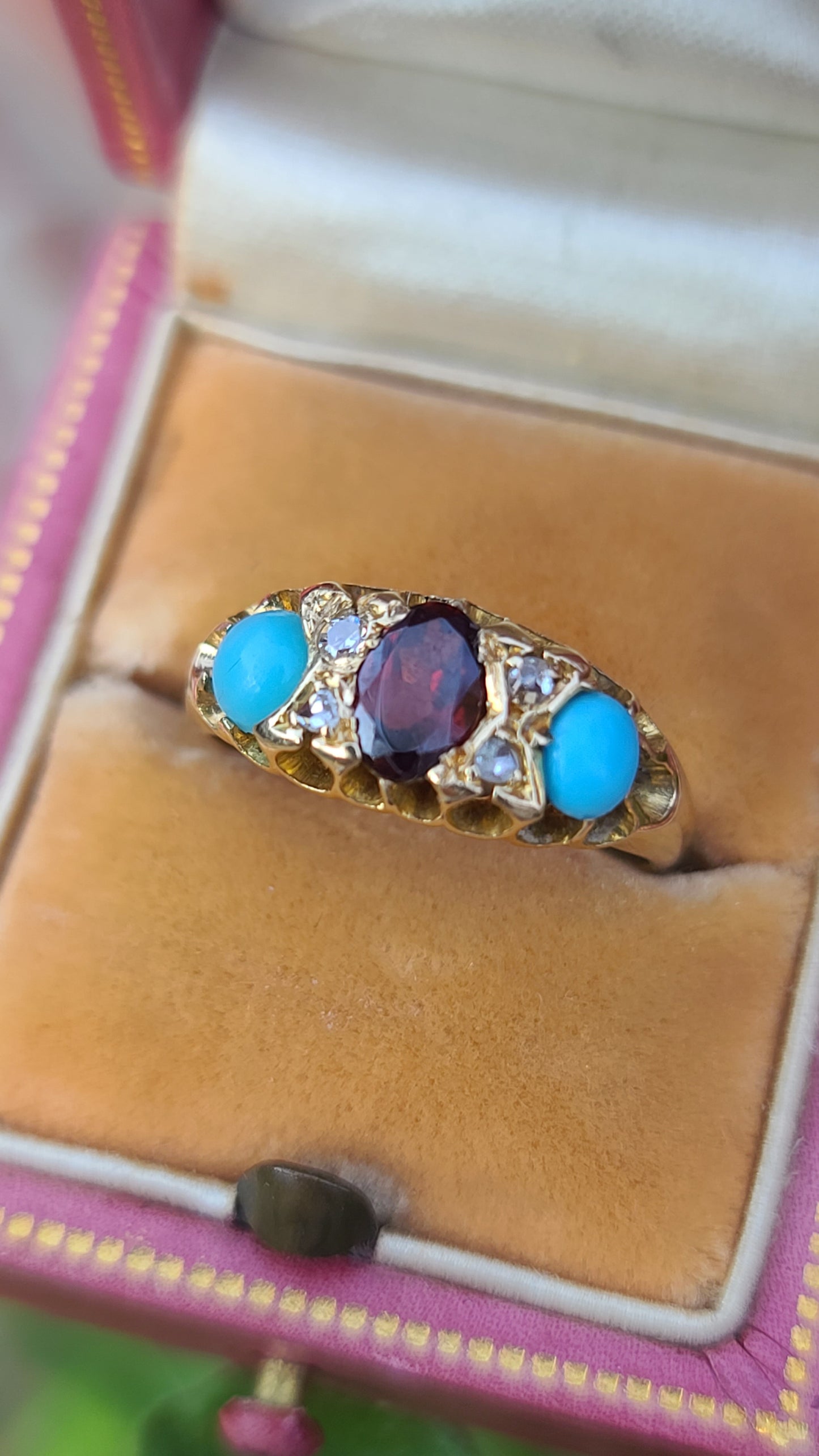 Antique Garnet and Turquoise Ring with Diamonds, 14K Yellow Gold, size 5.5