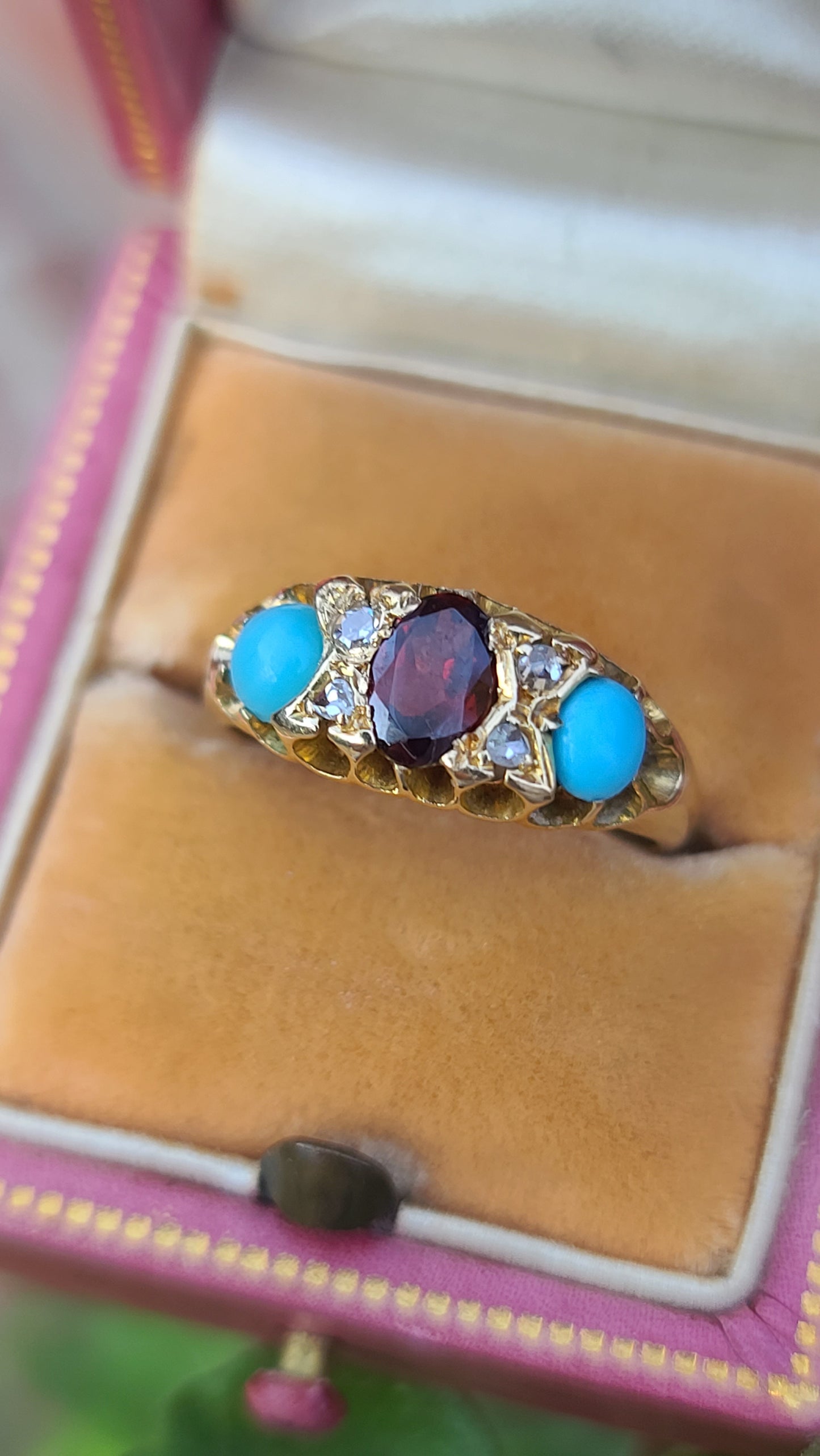 Antique Garnet and Turquoise Ring with Diamonds, 14K Yellow Gold, size 5.5