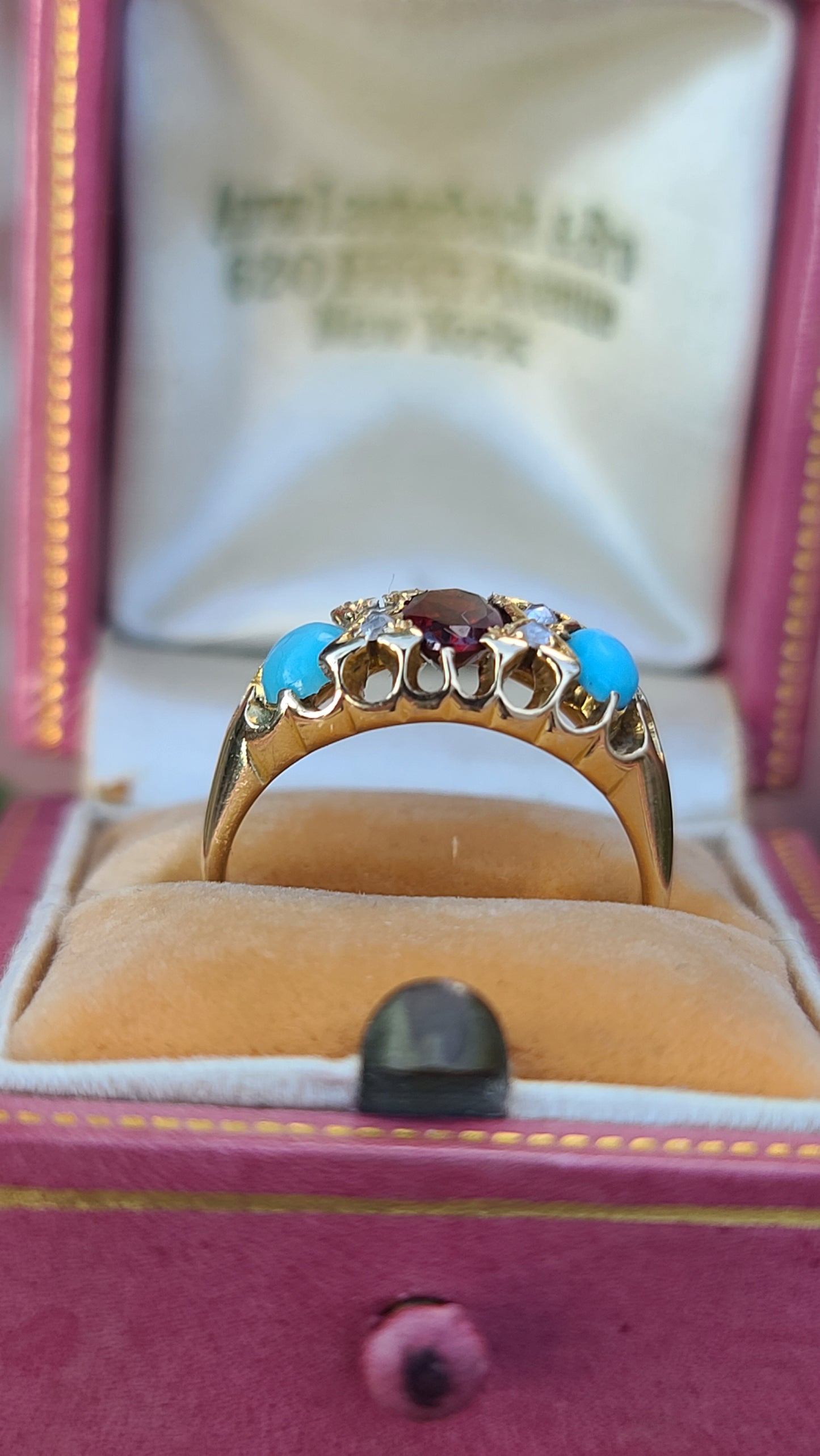 Antique Garnet and Turquoise Ring with Diamonds, 14K Yellow Gold, size 5.5