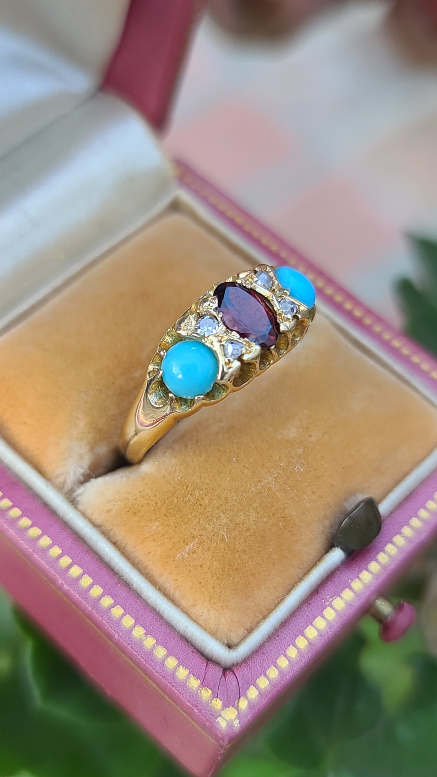 Antique Garnet and Turquoise Ring with Diamonds, 14K Yellow Gold, size 5.5