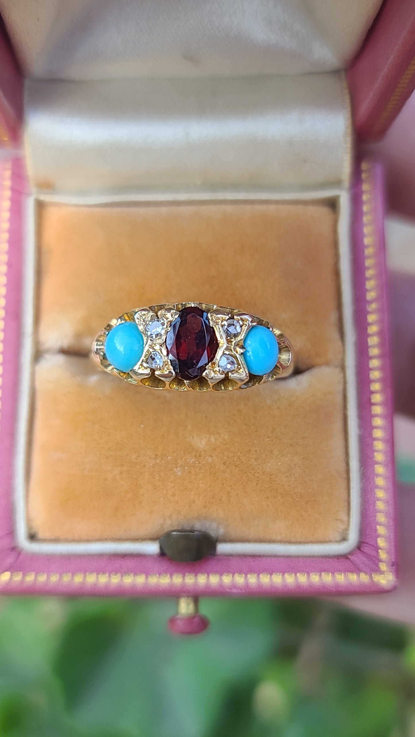 Antique Garnet and Turquoise Ring with Diamonds, 14K Yellow Gold, size 5.5
