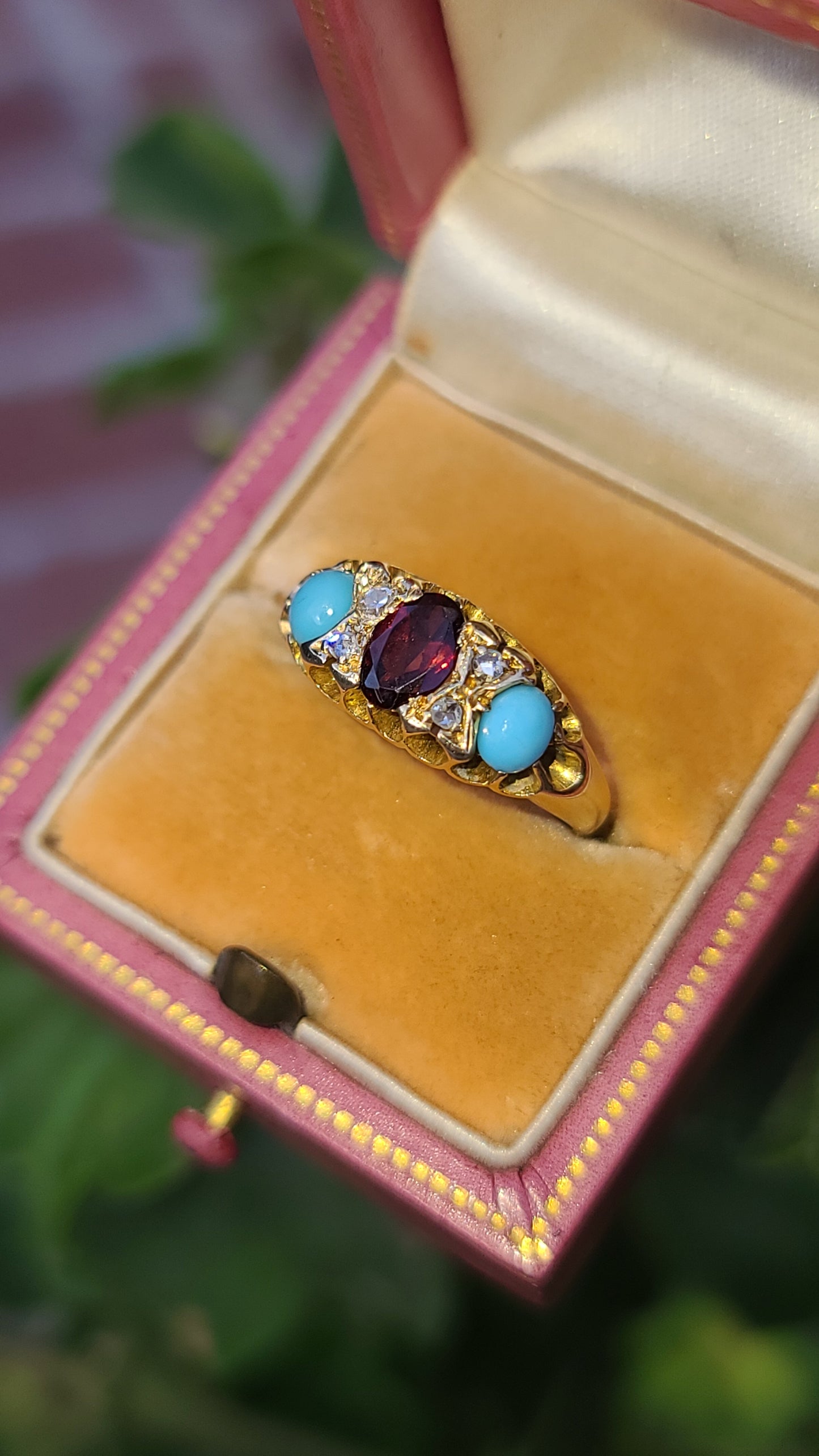 Antique Garnet and Turquoise Ring with Diamonds, 14K Yellow Gold, size 5.5