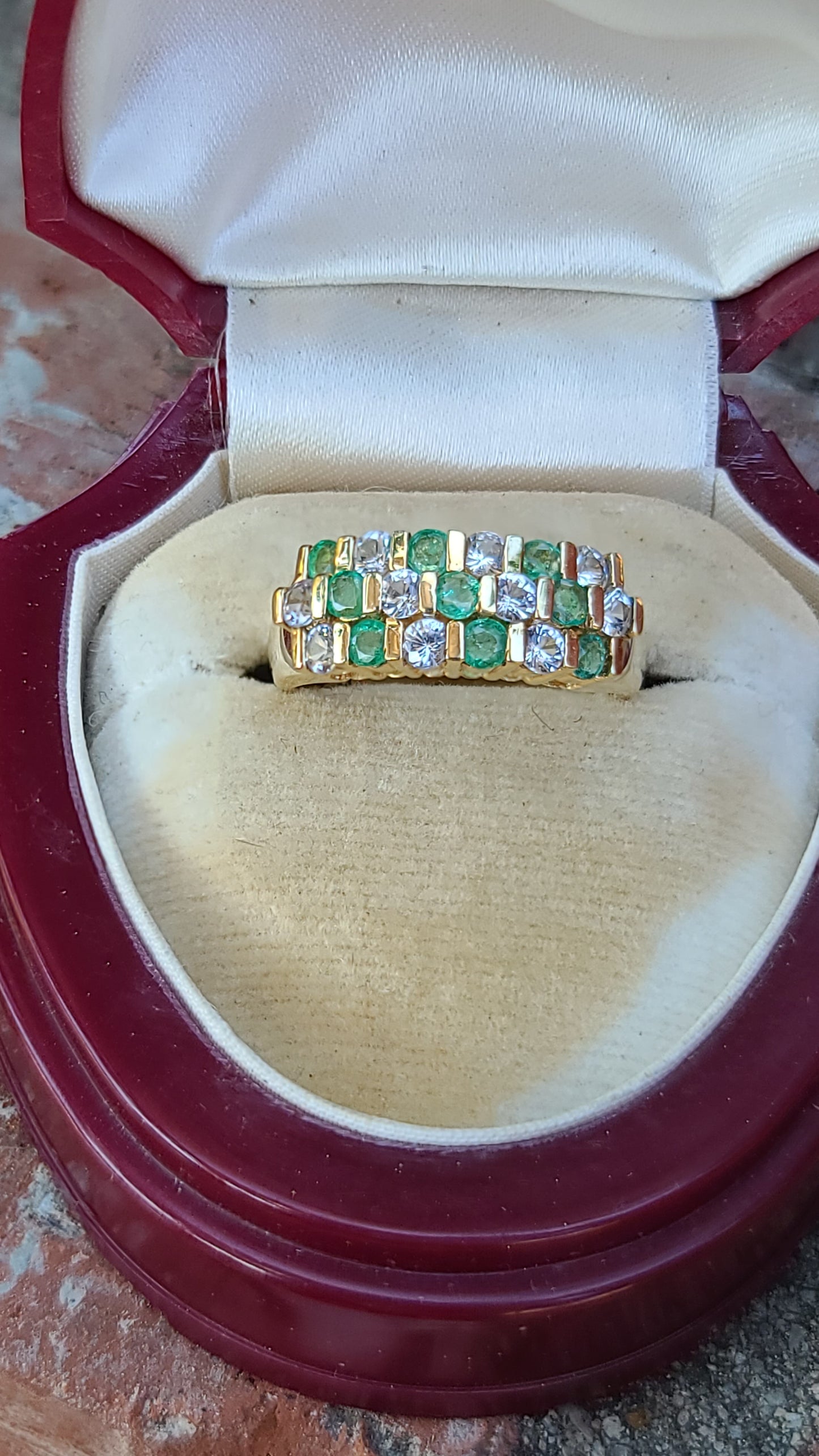 Emerald and White Sapphire Band Ring, 10K Yellow Gold, size 7