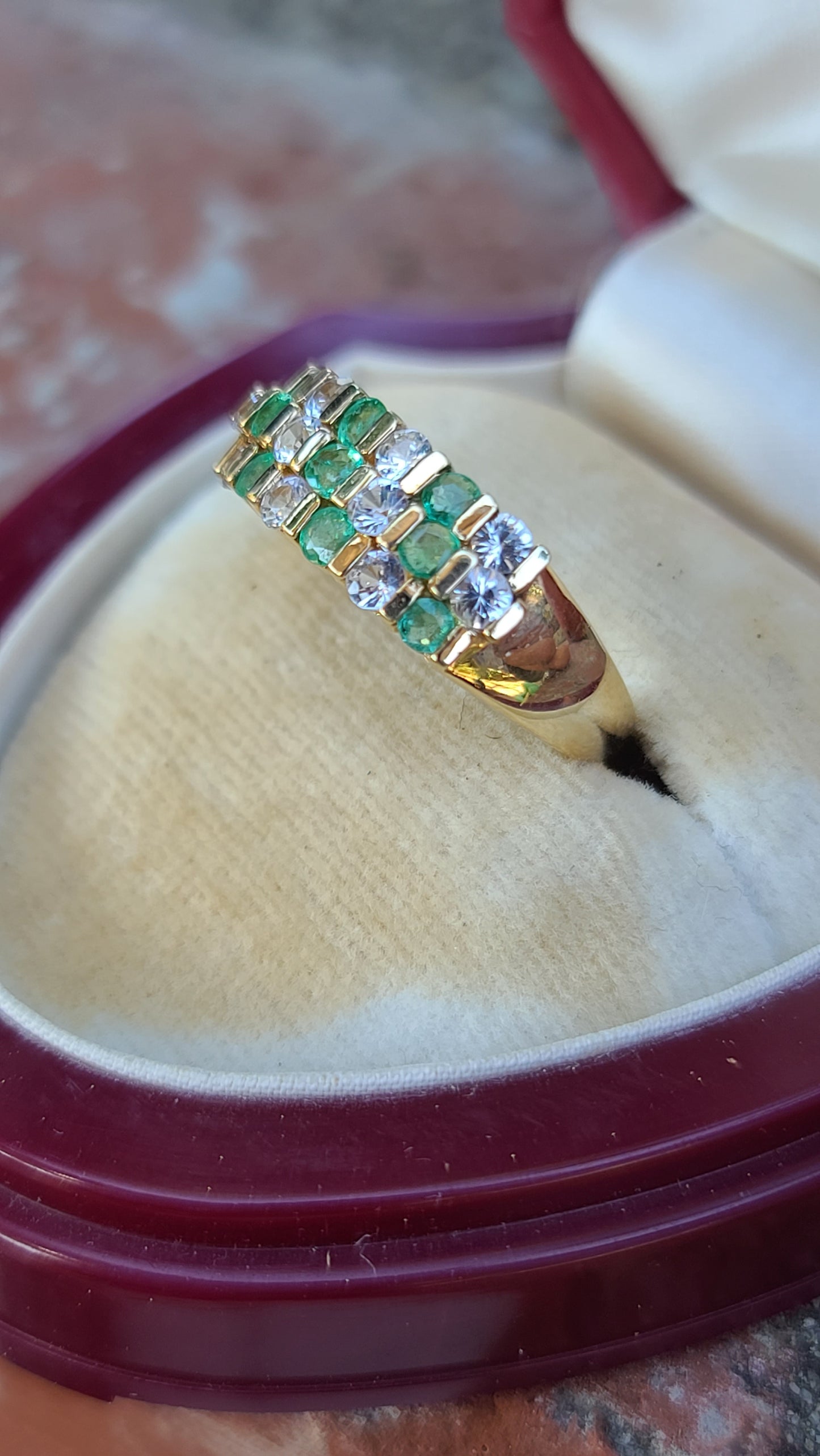 Emerald and White Sapphire Band Ring, 10K Yellow Gold, size 7