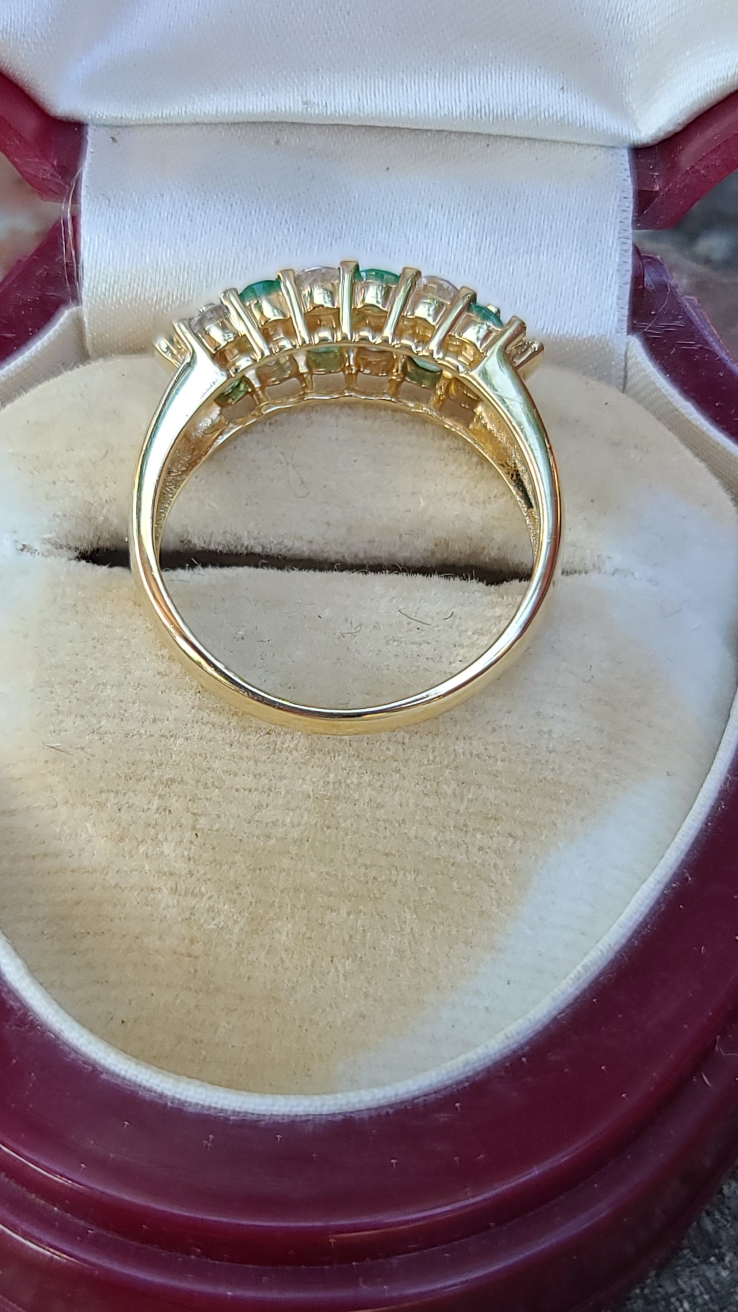 Emerald and White Sapphire Band Ring, 10K Yellow Gold, size 7