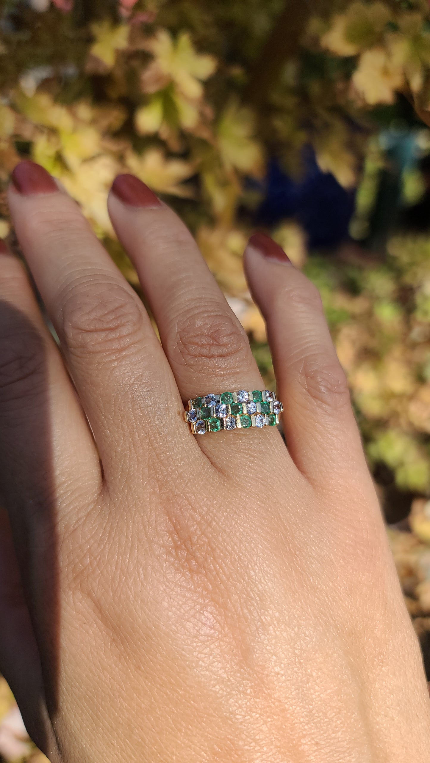 Emerald and White Sapphire Band Ring, 10K Yellow Gold, size 7