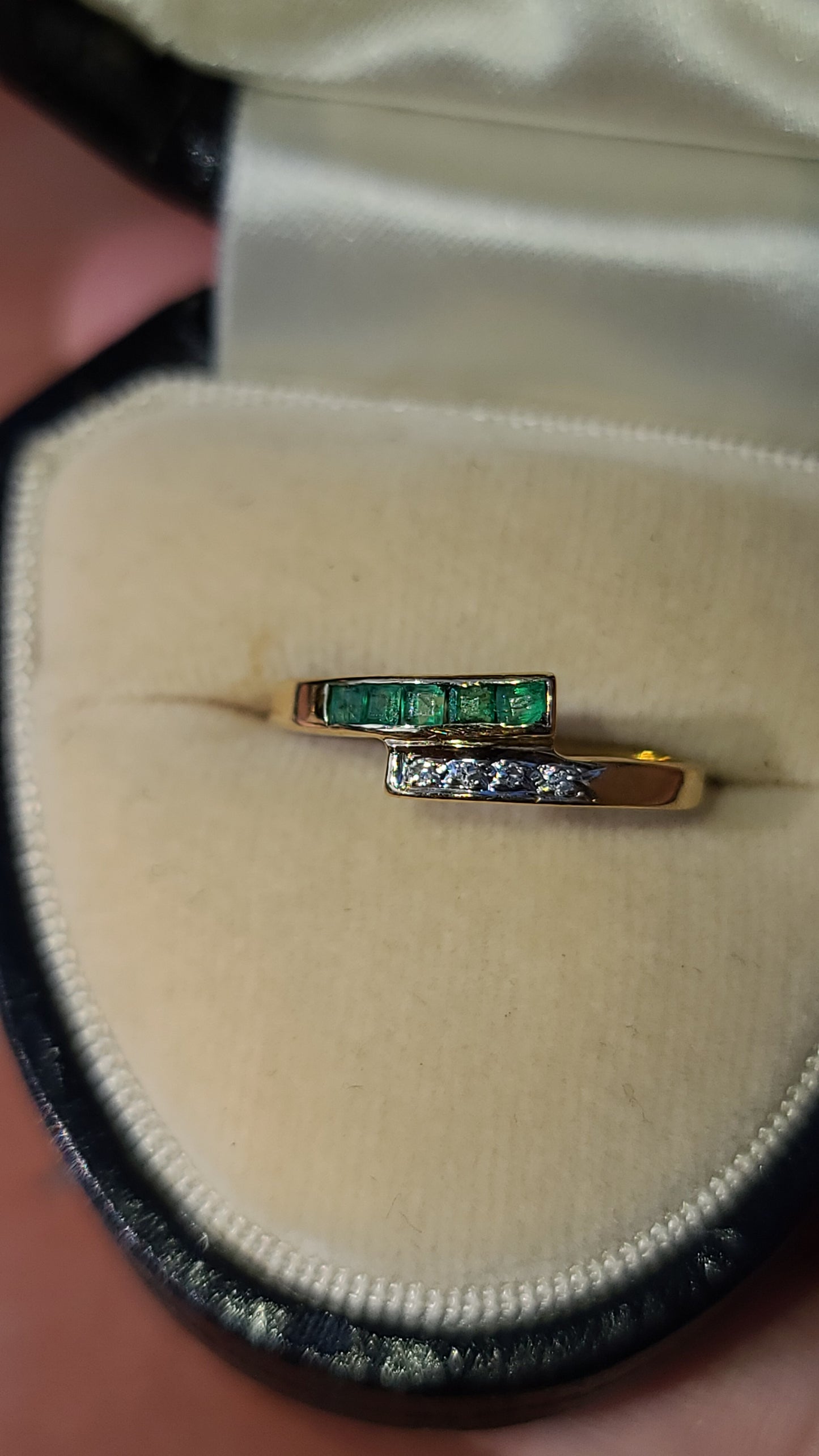 Emerald and Diamond Bypass Band Ring, 14K Yellow Gold, size 5