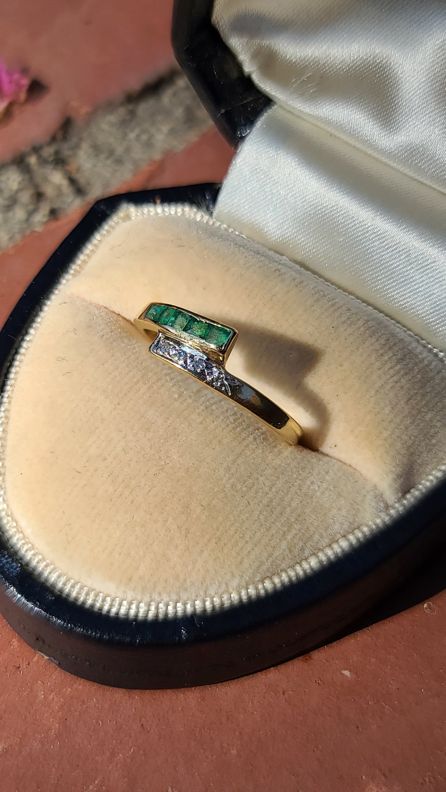 Emerald and Diamond Bypass Band Ring, 14K Yellow Gold, size 5