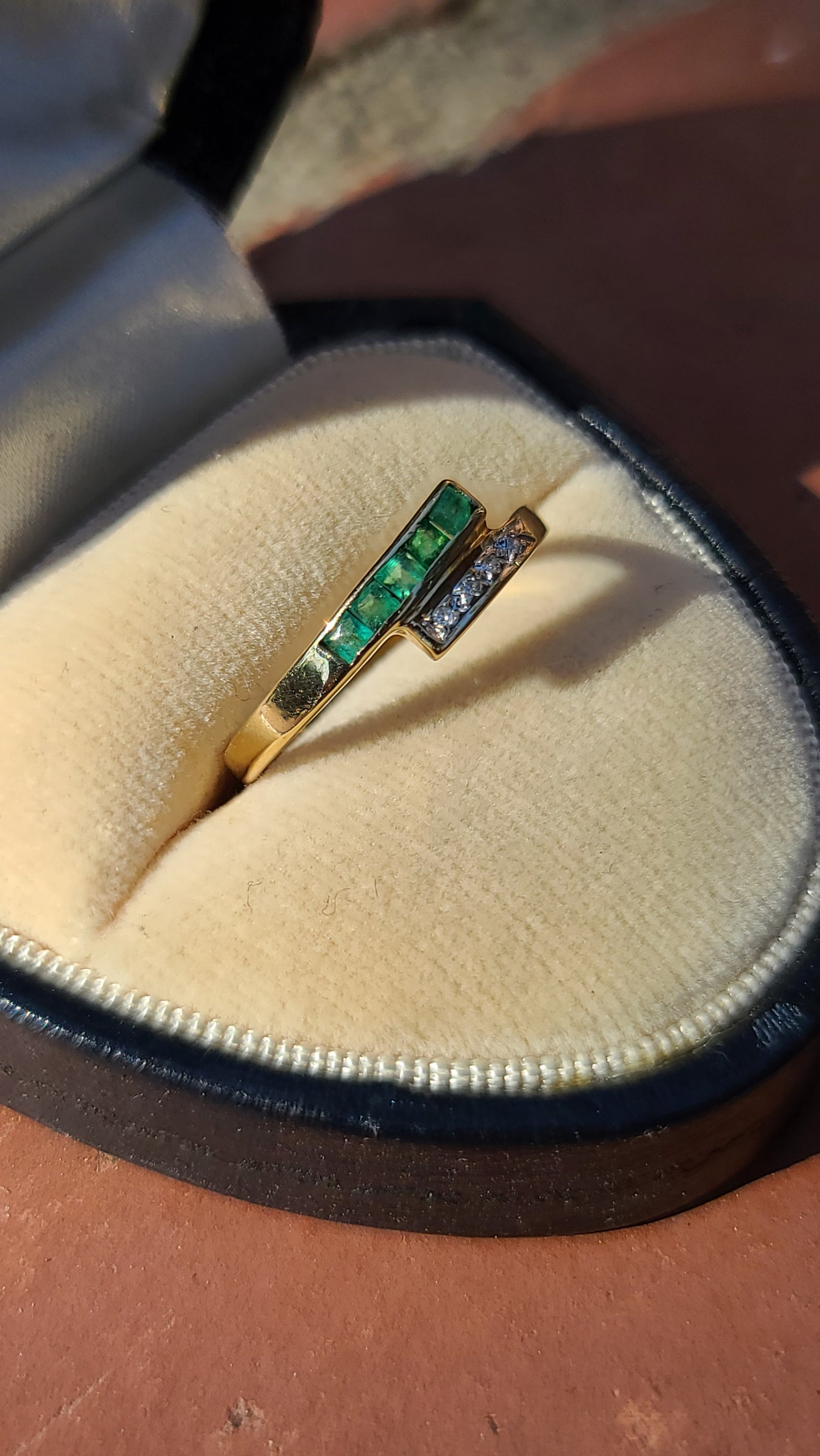 Emerald and Diamond Bypass Band Ring, 14K Yellow Gold, size 5