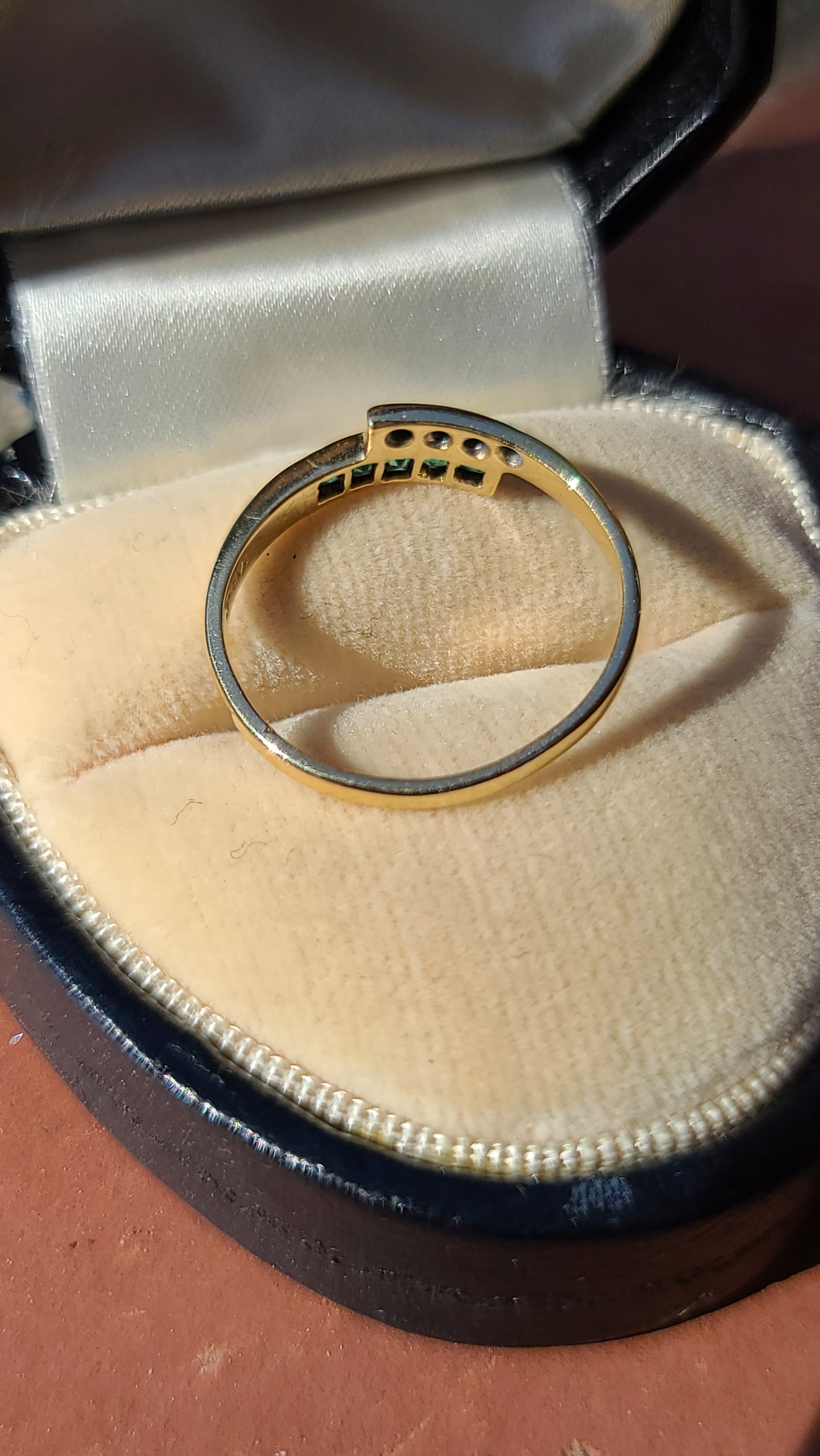 Emerald and Diamond Bypass Band Ring, 14K Yellow Gold, size 5