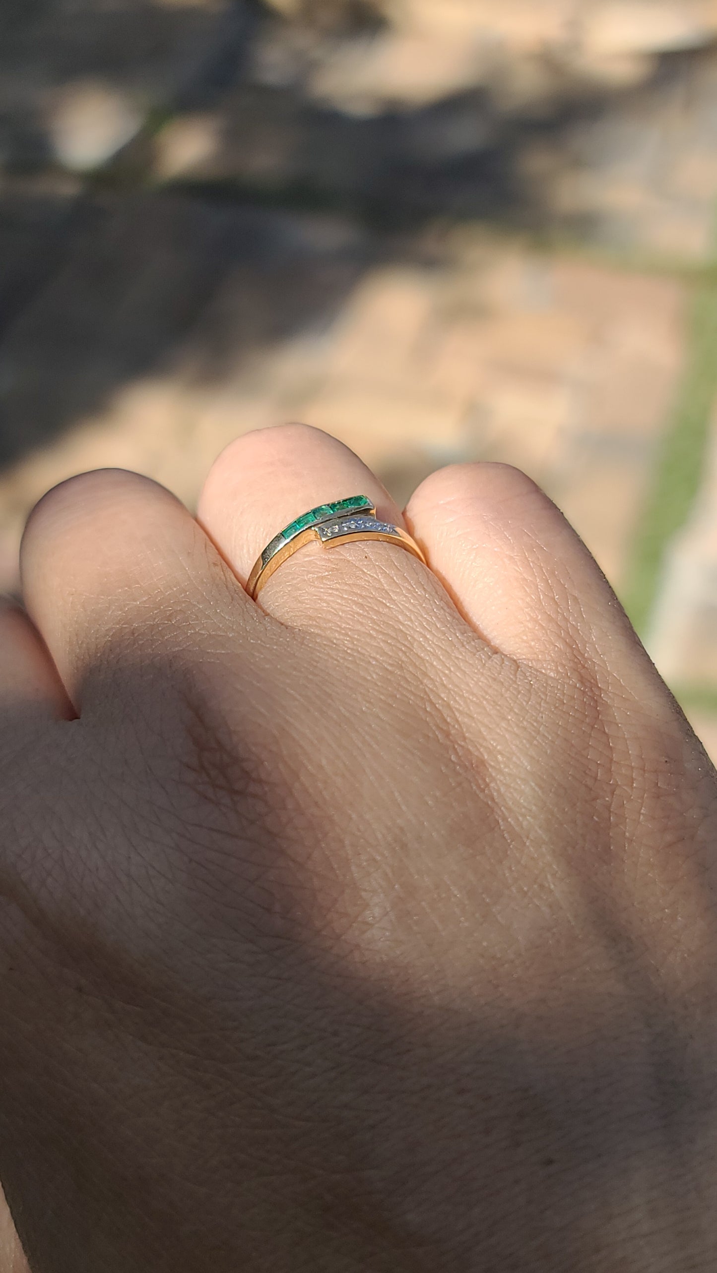 Emerald and Diamond Bypass Band Ring, 14K Yellow Gold, size 5