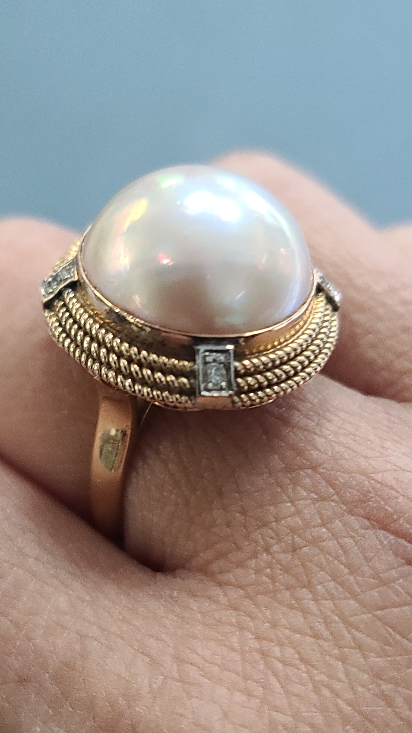 Vintage 14K Gold Mabe Pearl and Diamond Ring, size 7.5