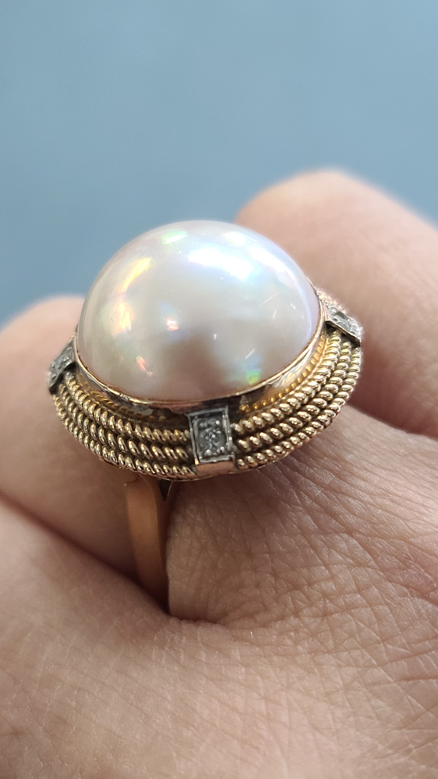 Vintage 14K Gold Mabe Pearl and Diamond Ring, size 7.5