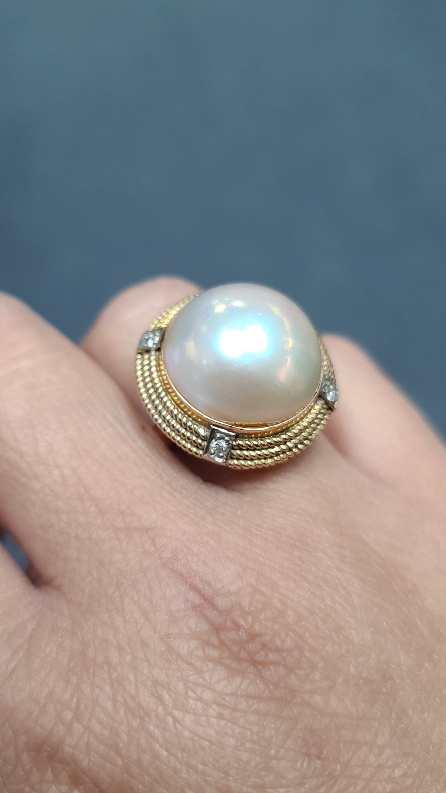 Vintage 14K Gold Mabe Pearl and Diamond Ring, size 7.5