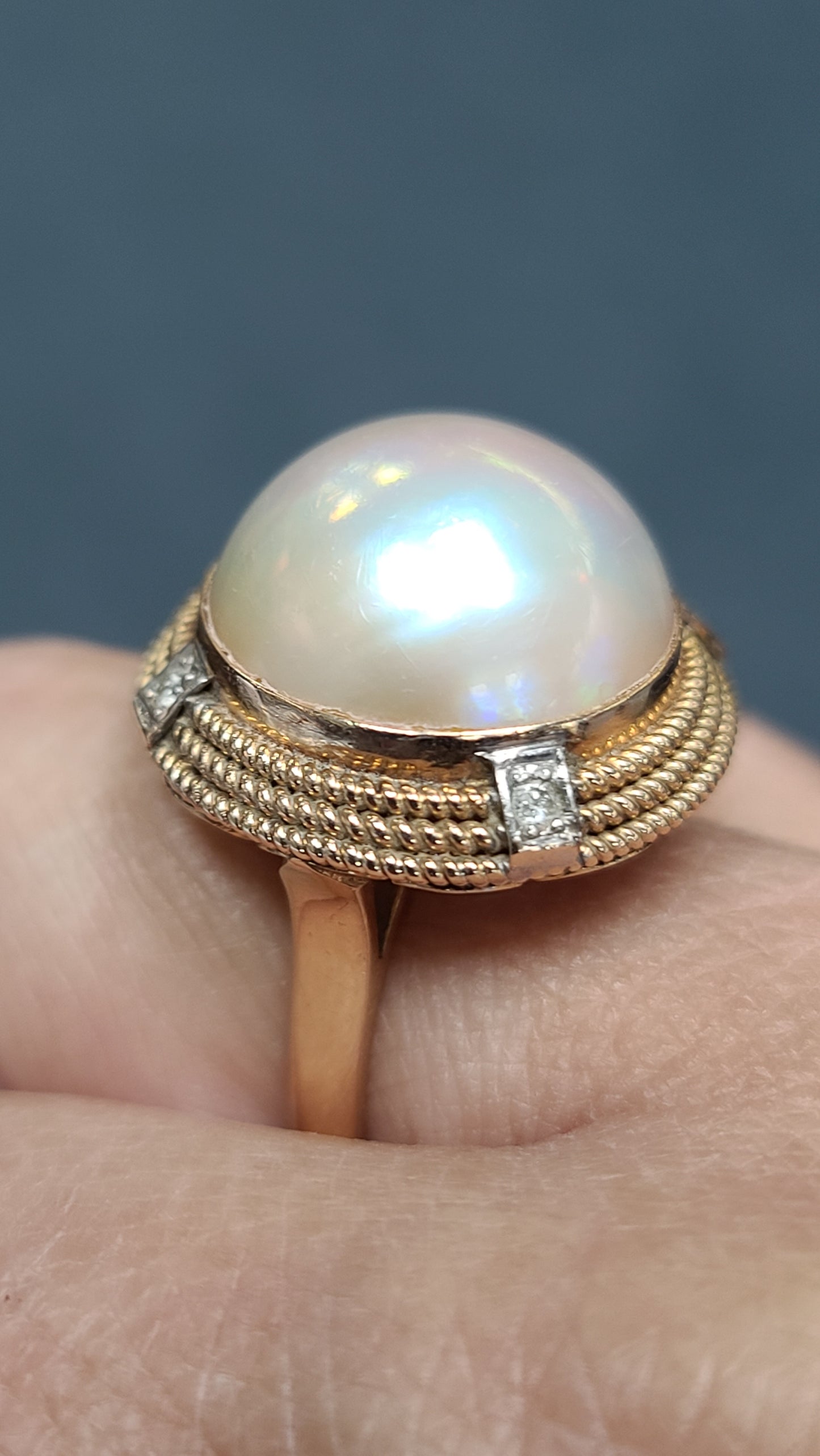 Vintage 14K Gold Mabe Pearl and Diamond Ring, size 7.5