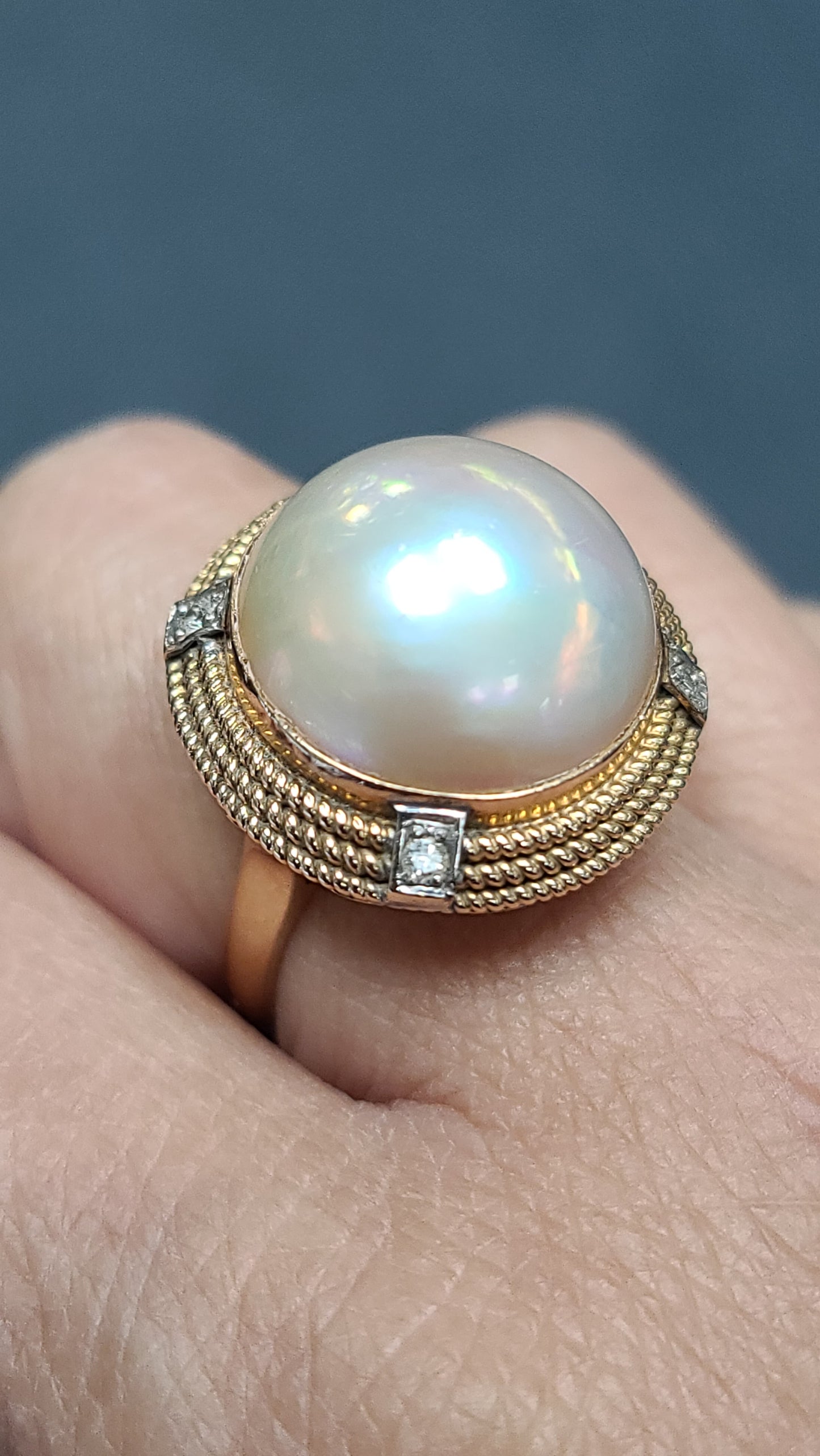 Vintage 14K Gold Mabe Pearl and Diamond Ring, size 7.5
