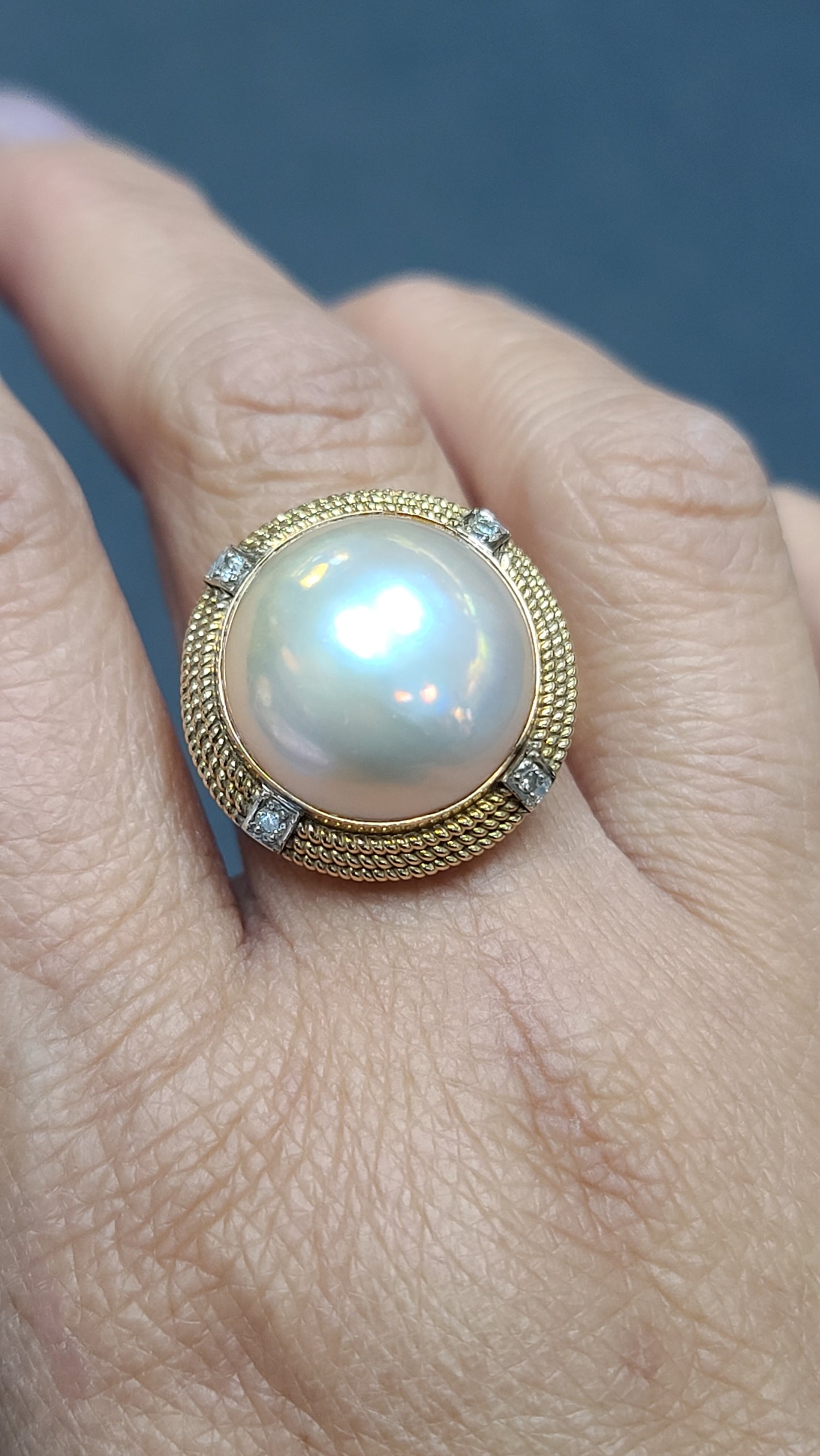 Vintage 14K Gold Mabe Pearl and Diamond Ring, size 7.5