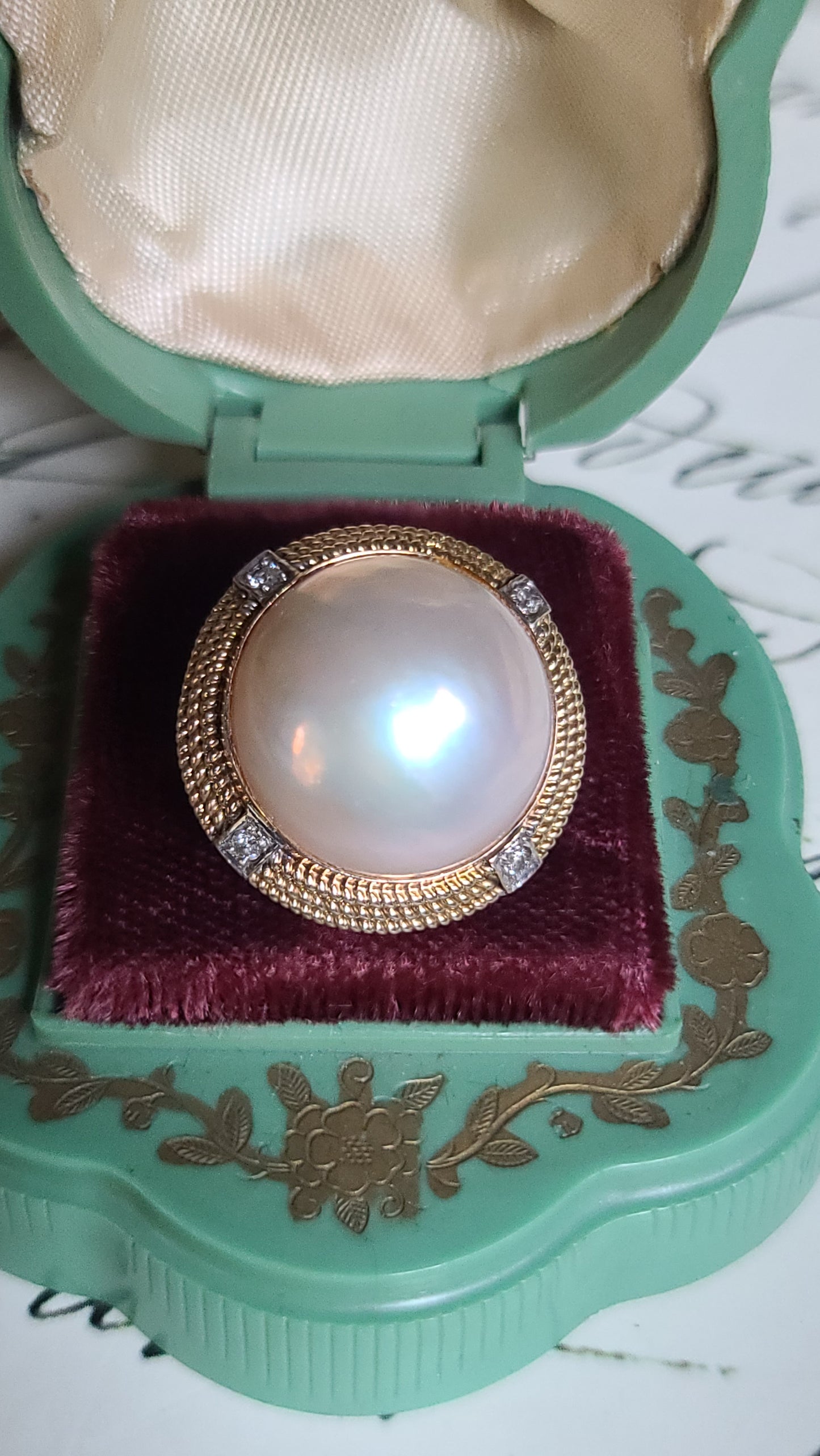 Vintage 14K Gold Mabe Pearl and Diamond Ring, size 7.5
