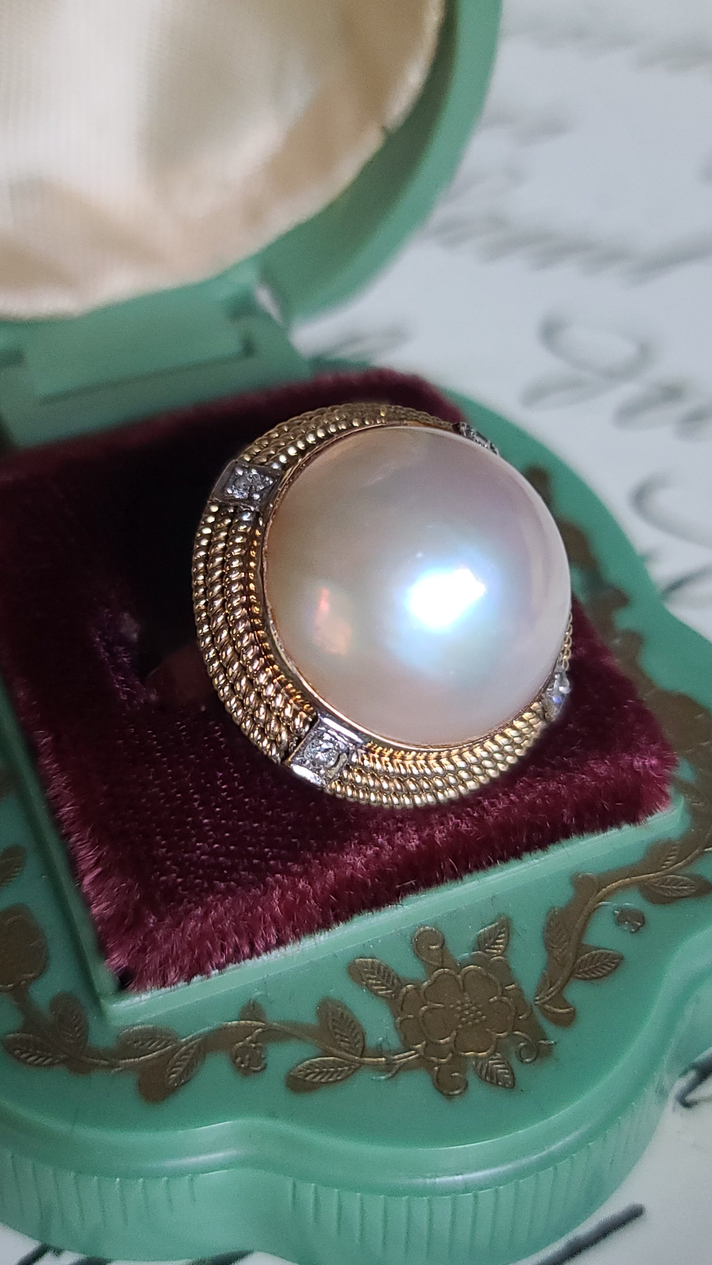 Vintage 14K Gold Mabe Pearl and Diamond Ring, size 7.5