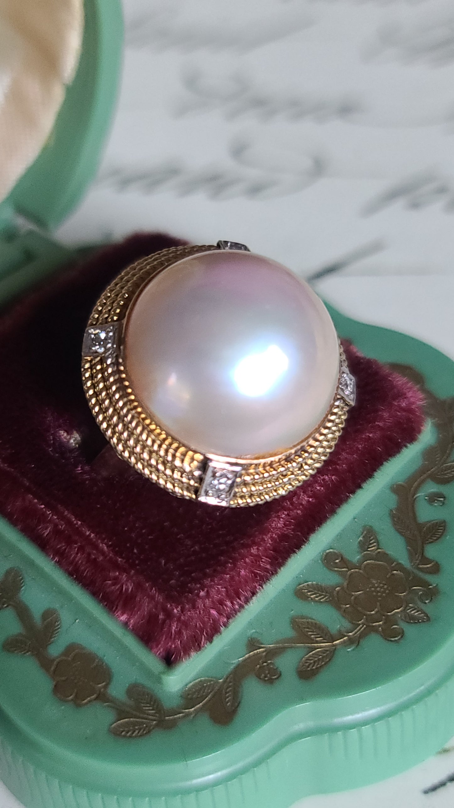 Vintage 14K Gold Mabe Pearl and Diamond Ring, size 7.5