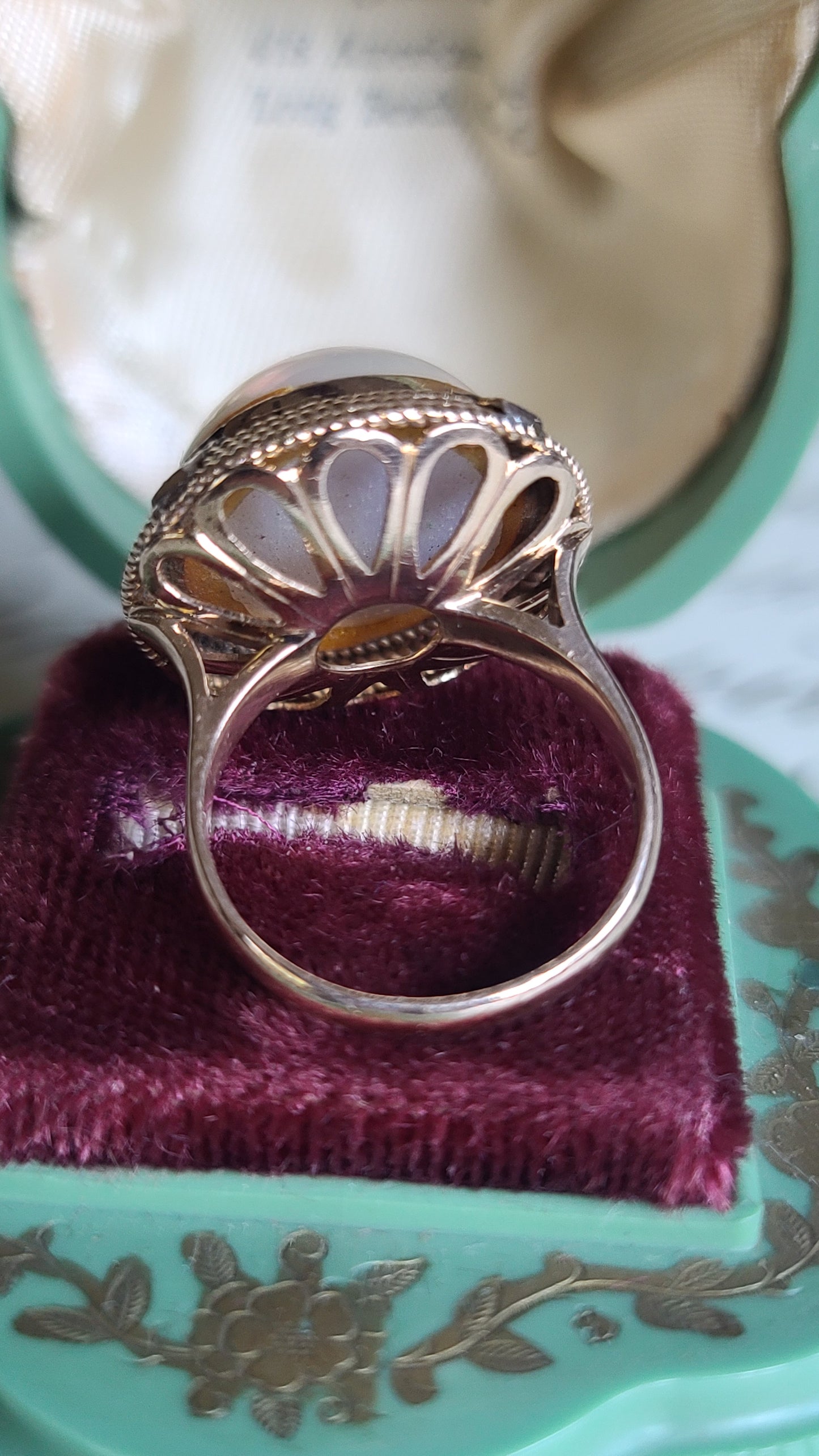 Vintage 14K Gold Mabe Pearl and Diamond Ring, size 7.5