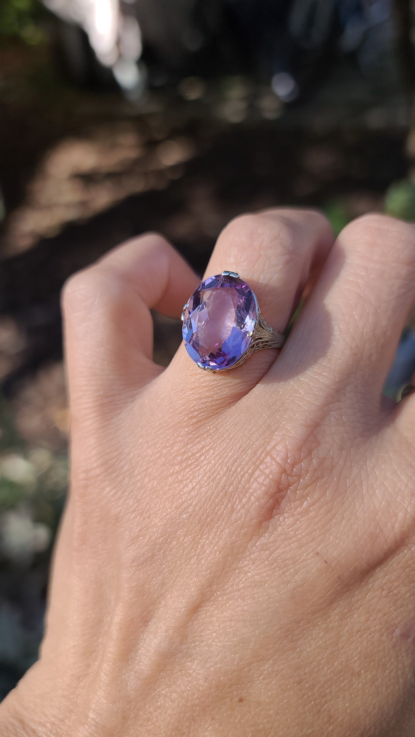 Art Deco Rose De France Amethyst Ring, 14K White Gold, size 6 US