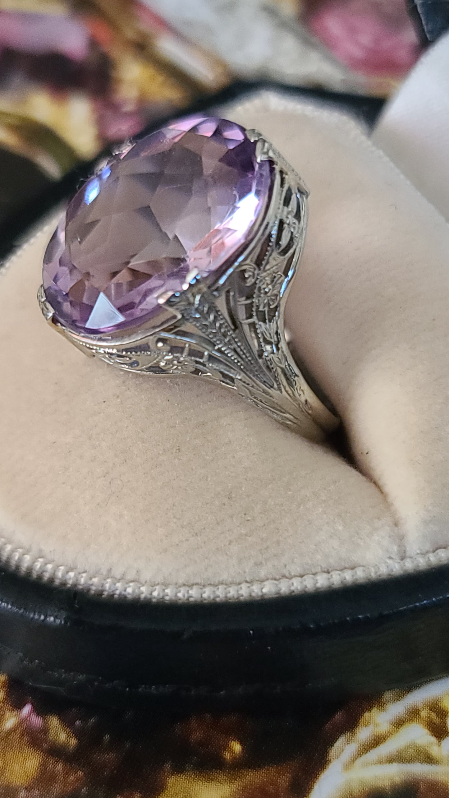 Art Deco Rose De France Amethyst Ring, 14K White Gold, size 6 US