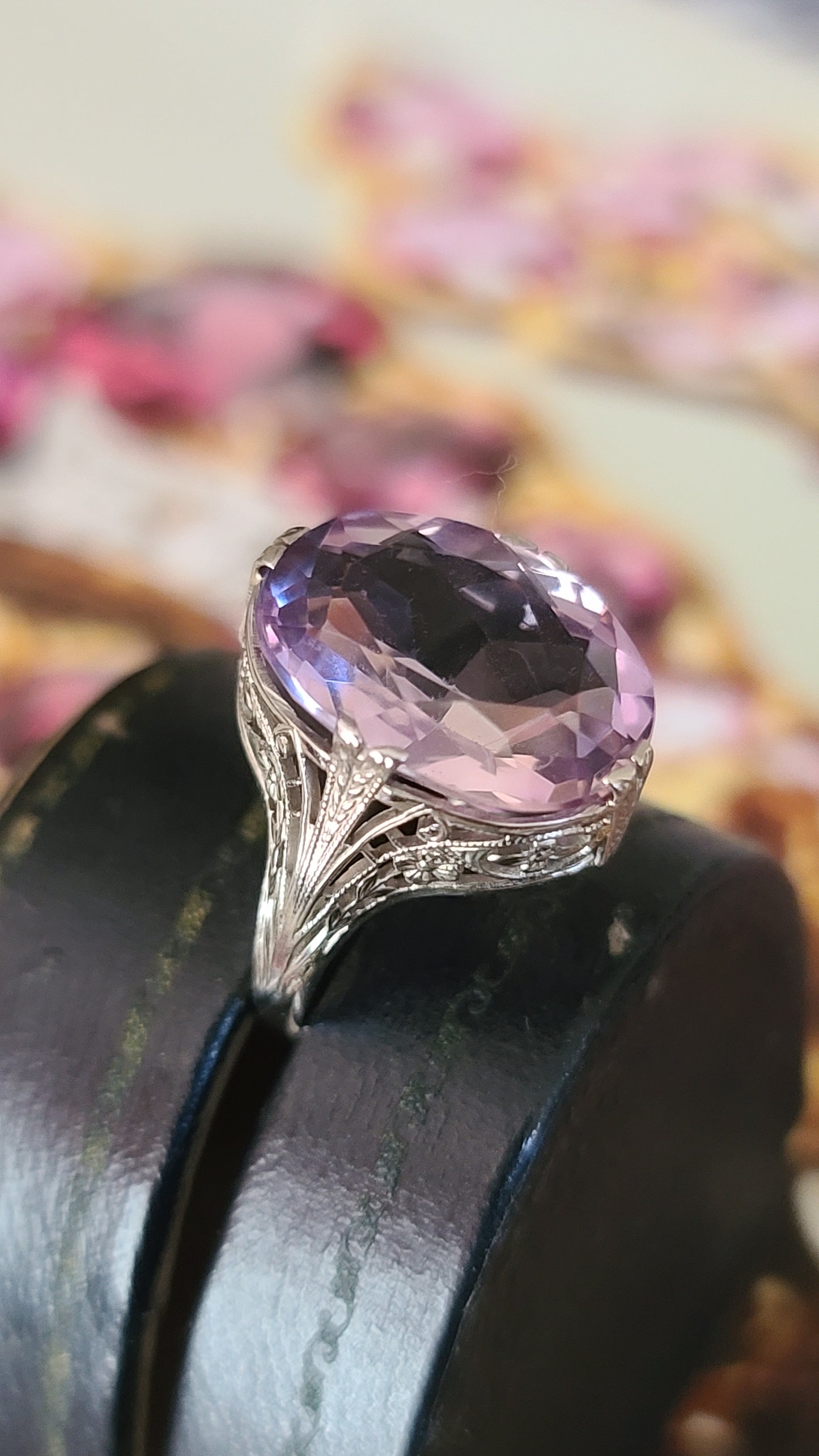 Art Deco Rose De France Amethyst Ring, 14K White Gold, size 6 US