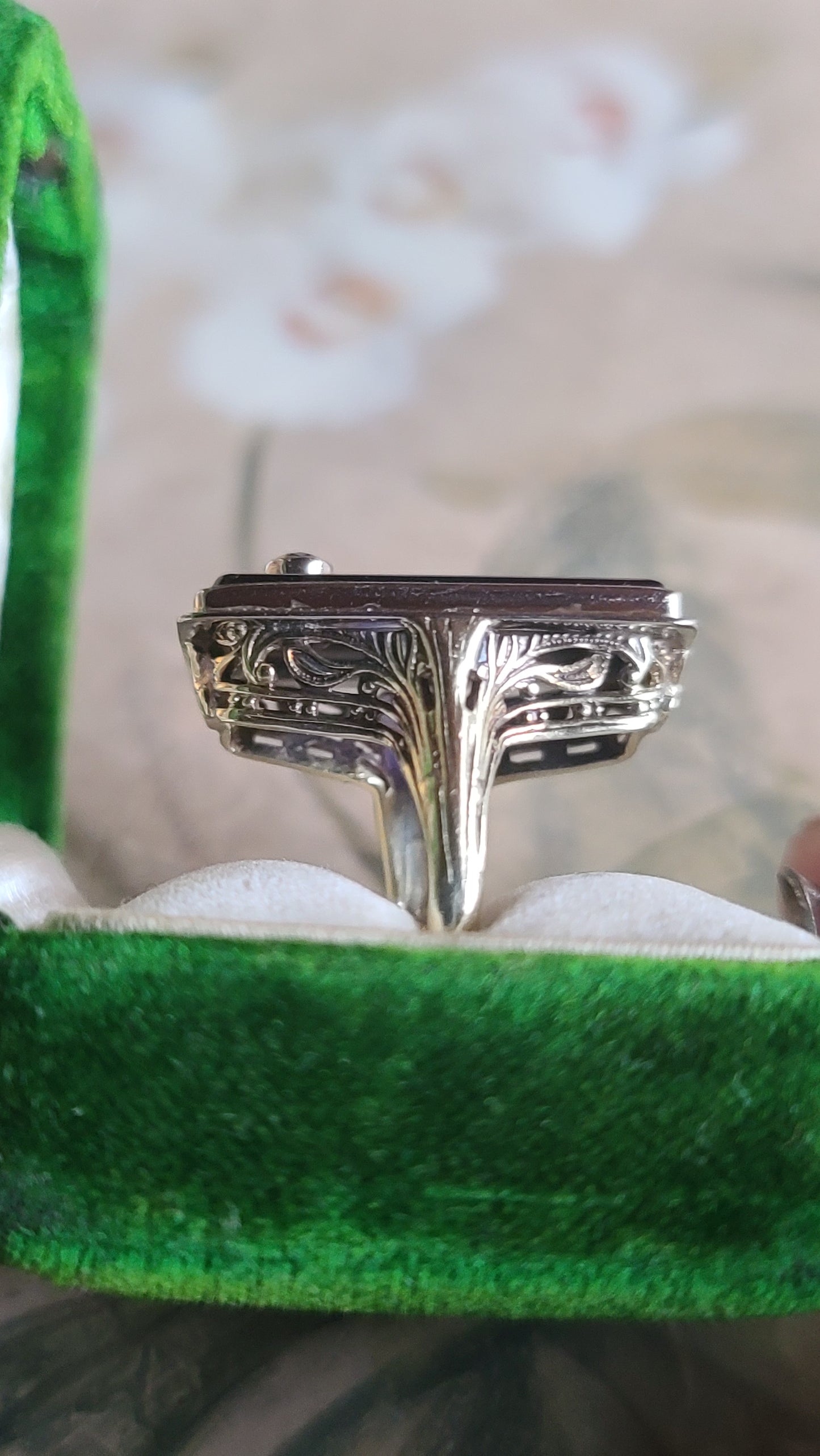Art Deco Onyx Ring with Old Cut Diamond Accent, 14K Gold, size 6.5 US
