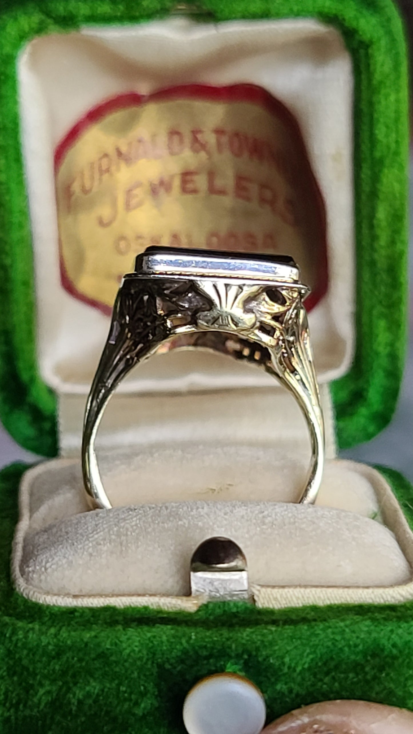 Art Deco Onyx Ring with Old Cut Diamond Accent, 14K Gold, size 6.5 US