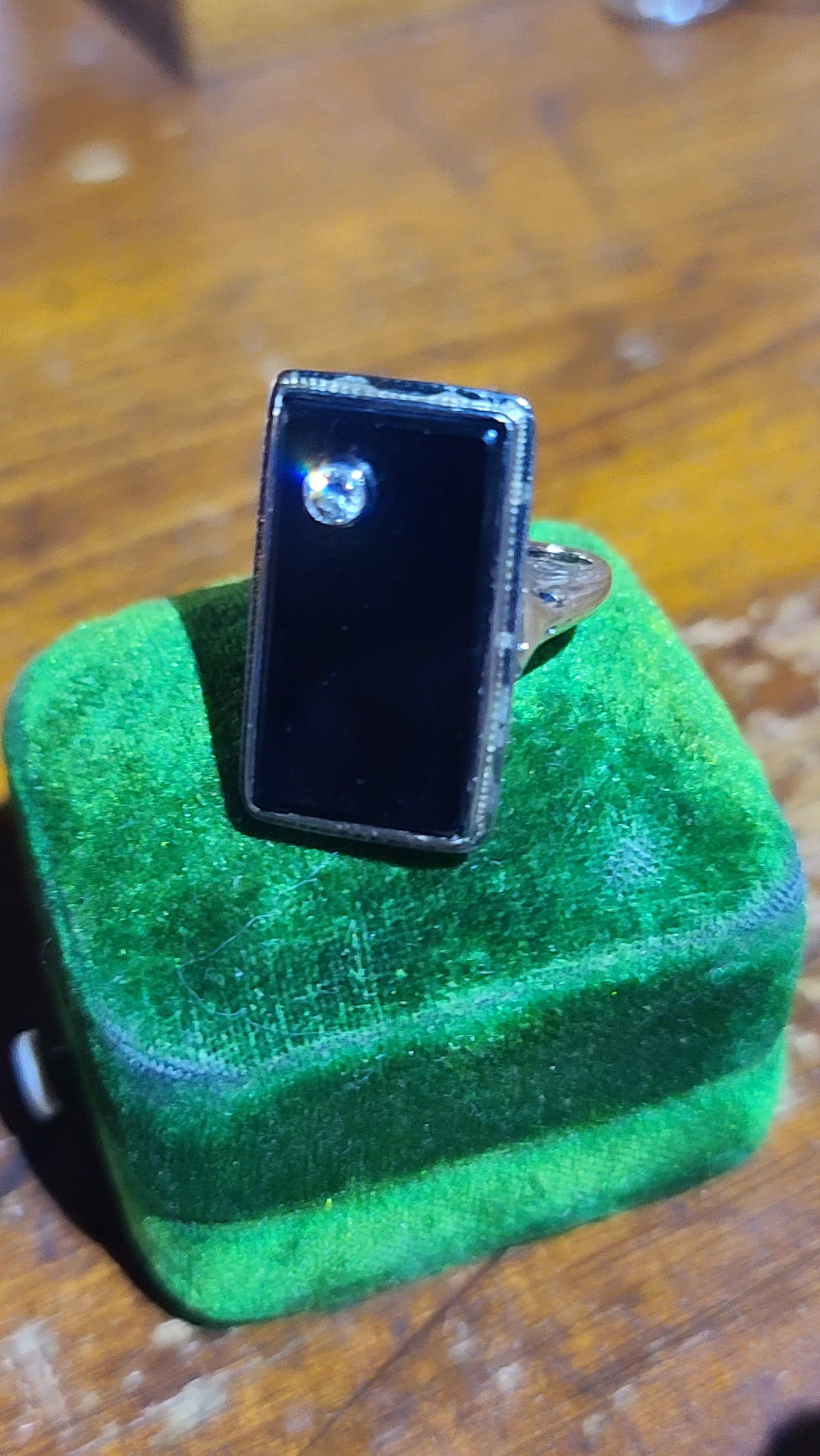 Art Deco Onyx Ring with Old Cut Diamond Accent, 14K Gold, size 6.5 US