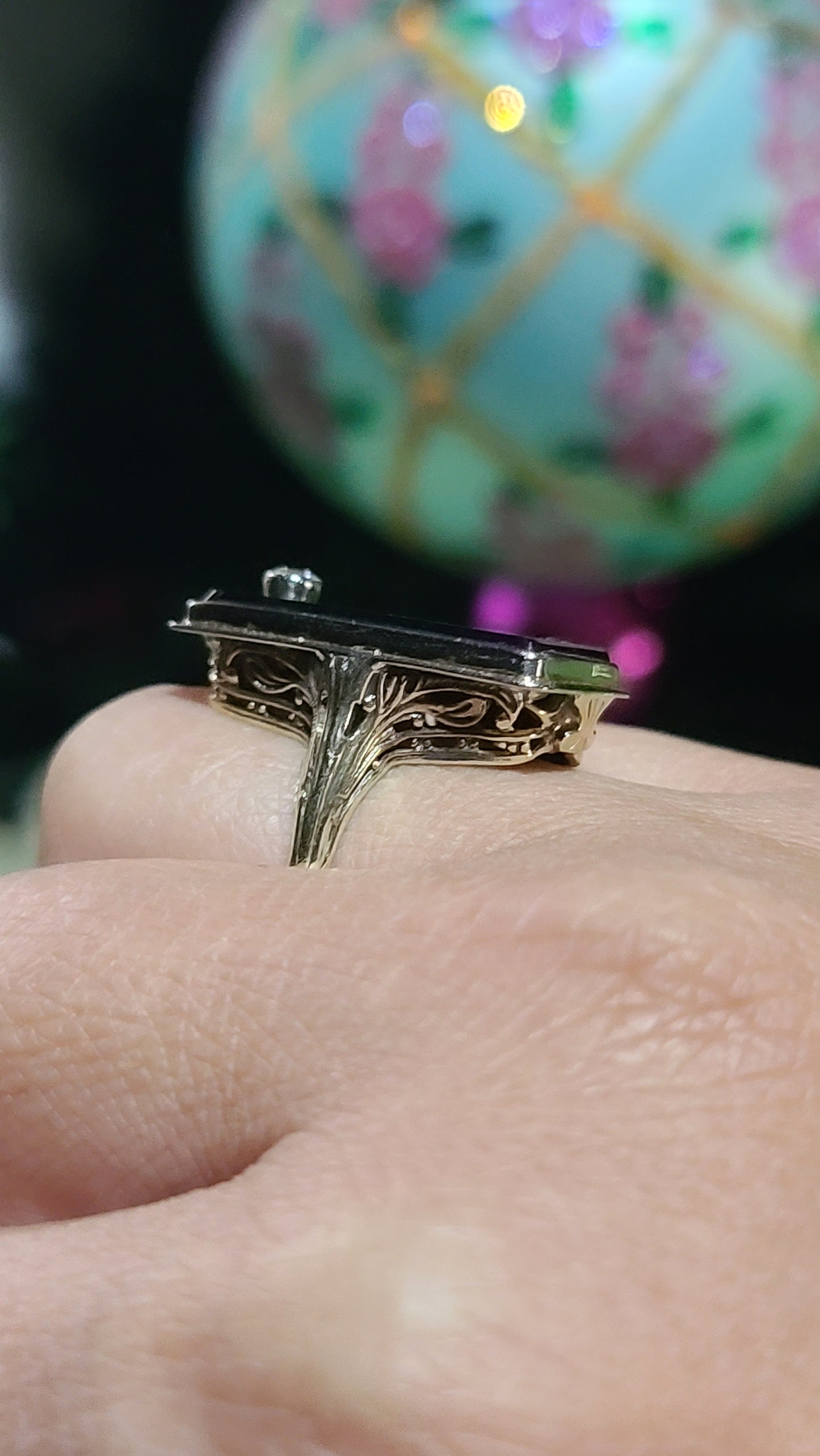 Art Deco Onyx Ring with Old Cut Diamond Accent, 14K Gold, size 6.5 US