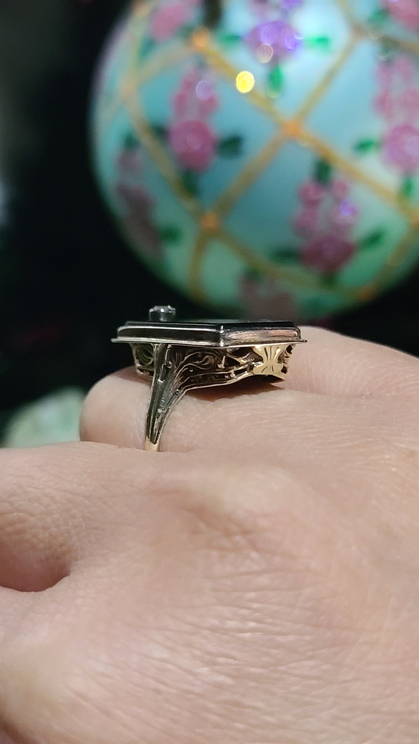Art Deco Onyx Ring with Old Cut Diamond Accent, 14K Gold, size 6.5 US