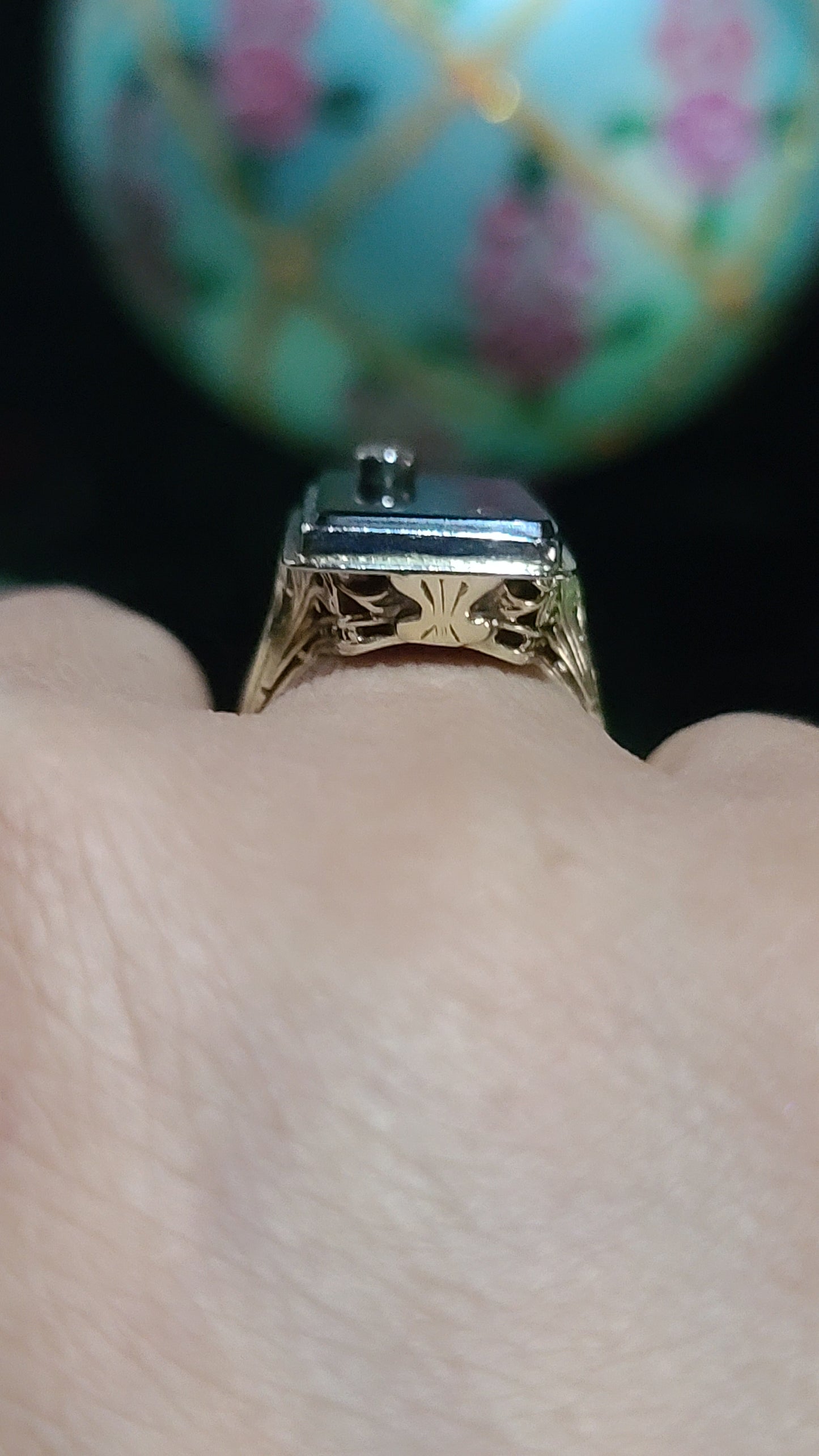 Art Deco Onyx Ring with Old Cut Diamond Accent, 14K Gold, size 6.5 US