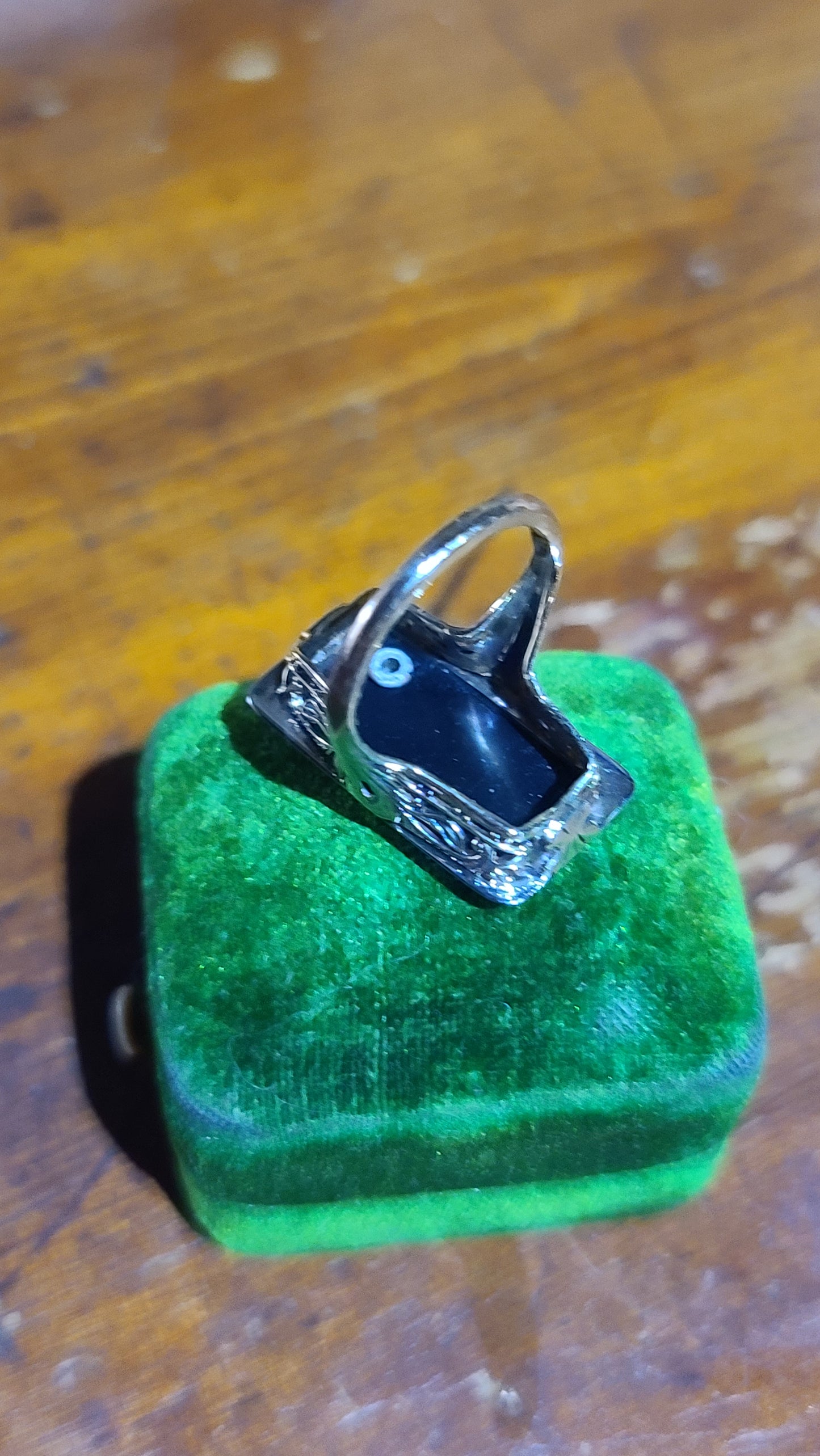 Art Deco Onyx Ring with Old Cut Diamond Accent, 14K Gold, size 6.5 US