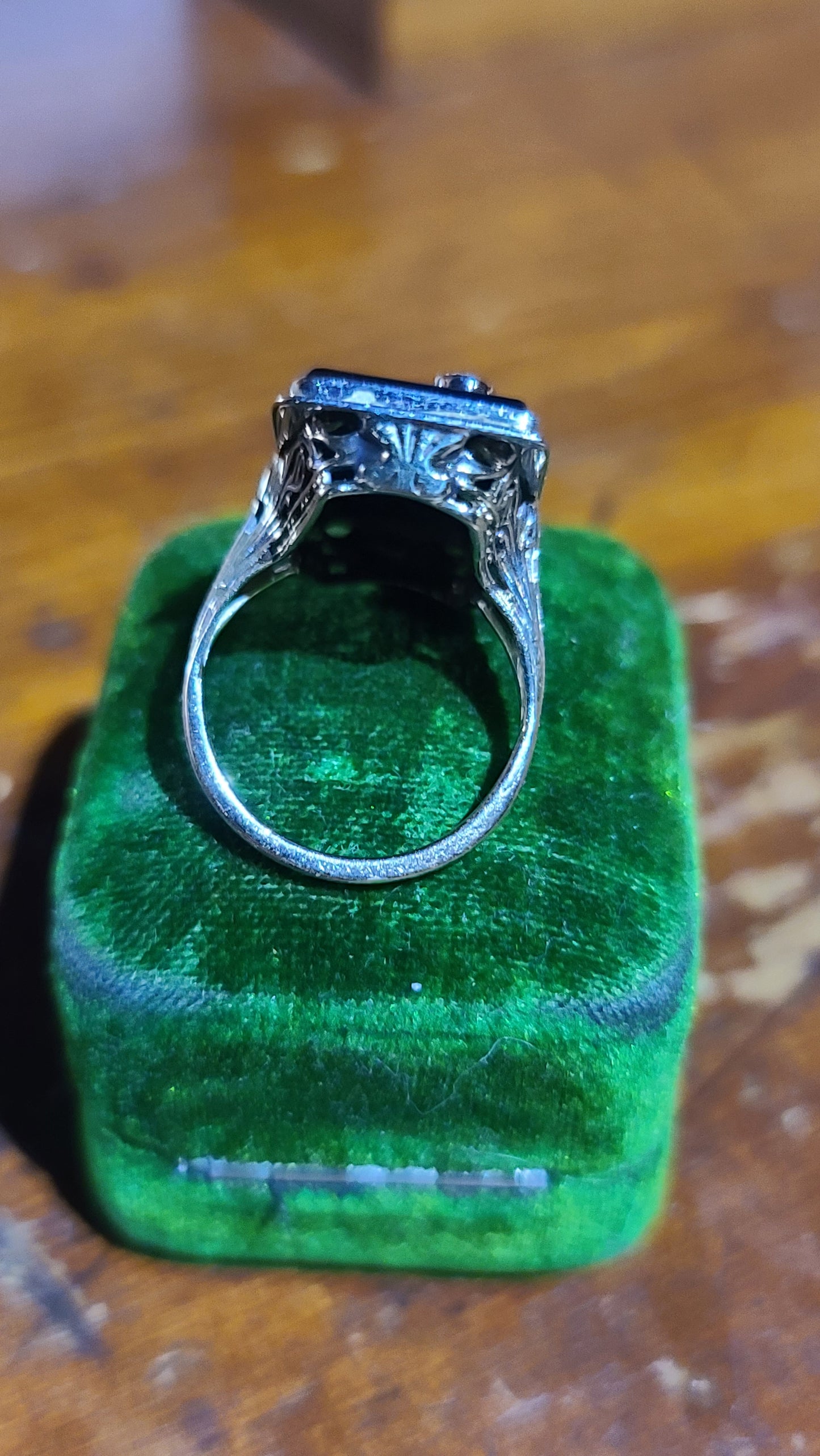 Art Deco Onyx Ring with Old Cut Diamond Accent, 14K Gold, size 6.5 US