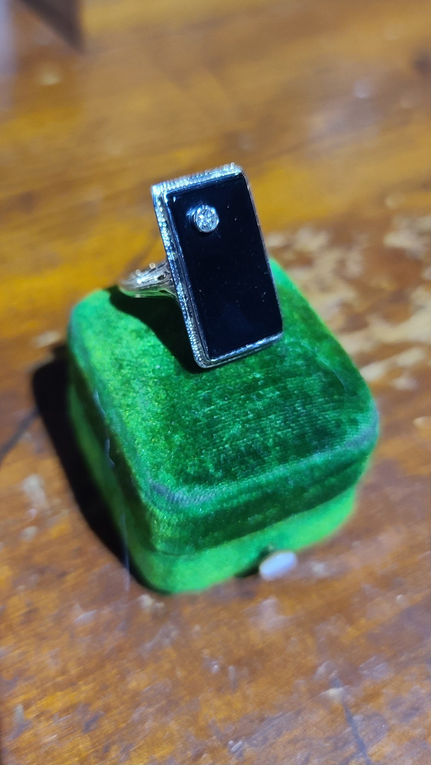 Art Deco Onyx Ring with Old Cut Diamond Accent, 14K Gold, size 6.5 US