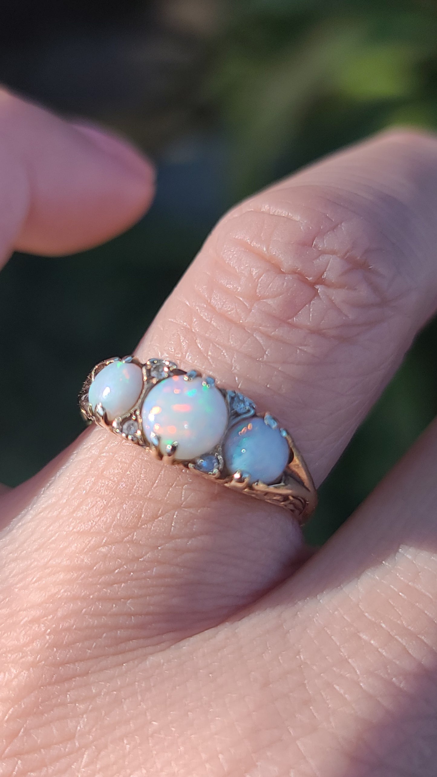 English 9K Opal and Diamond Vintage Ring, size 6.75 US